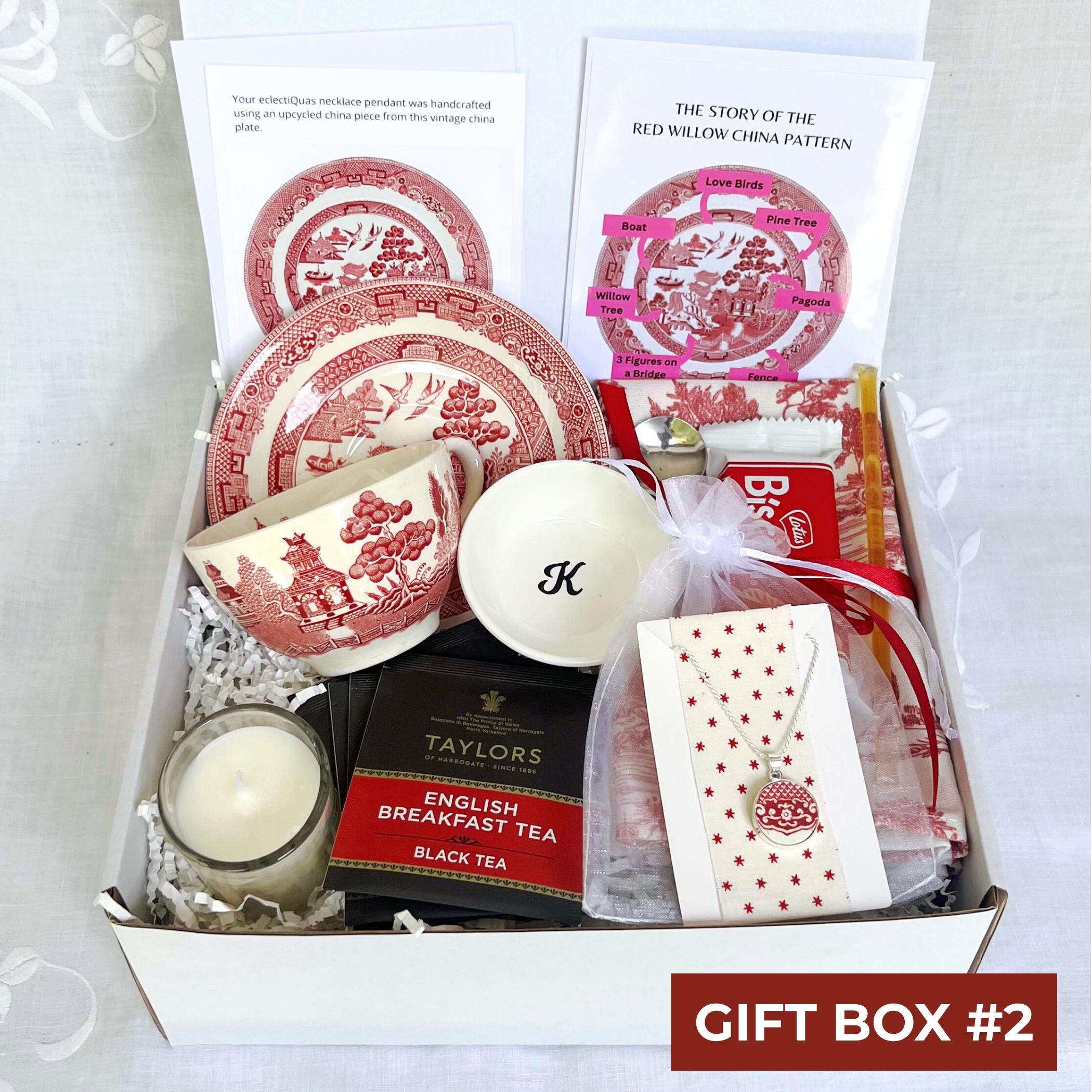 Personalized Red Willow China Tea Gift Box, Hug in a Box, Matching Red Chinoiserie Necklace, Thoughtful Self Care Package for Her Birthday