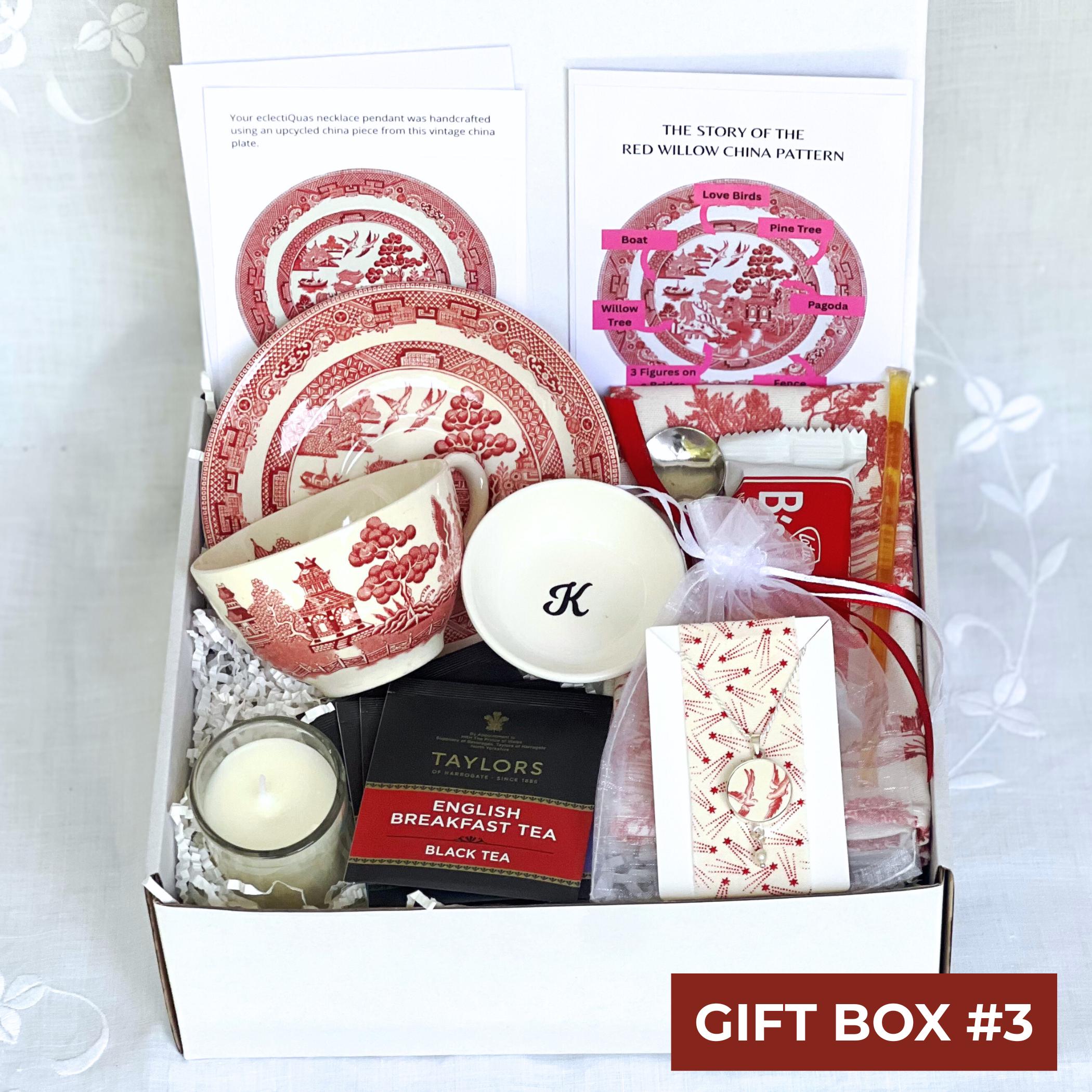 Personalized Red Willow China Tea Gift Box, Hug in a Box, Matching Red Chinoiserie Necklace, Thoughtful Self Care Package for Her Birthday