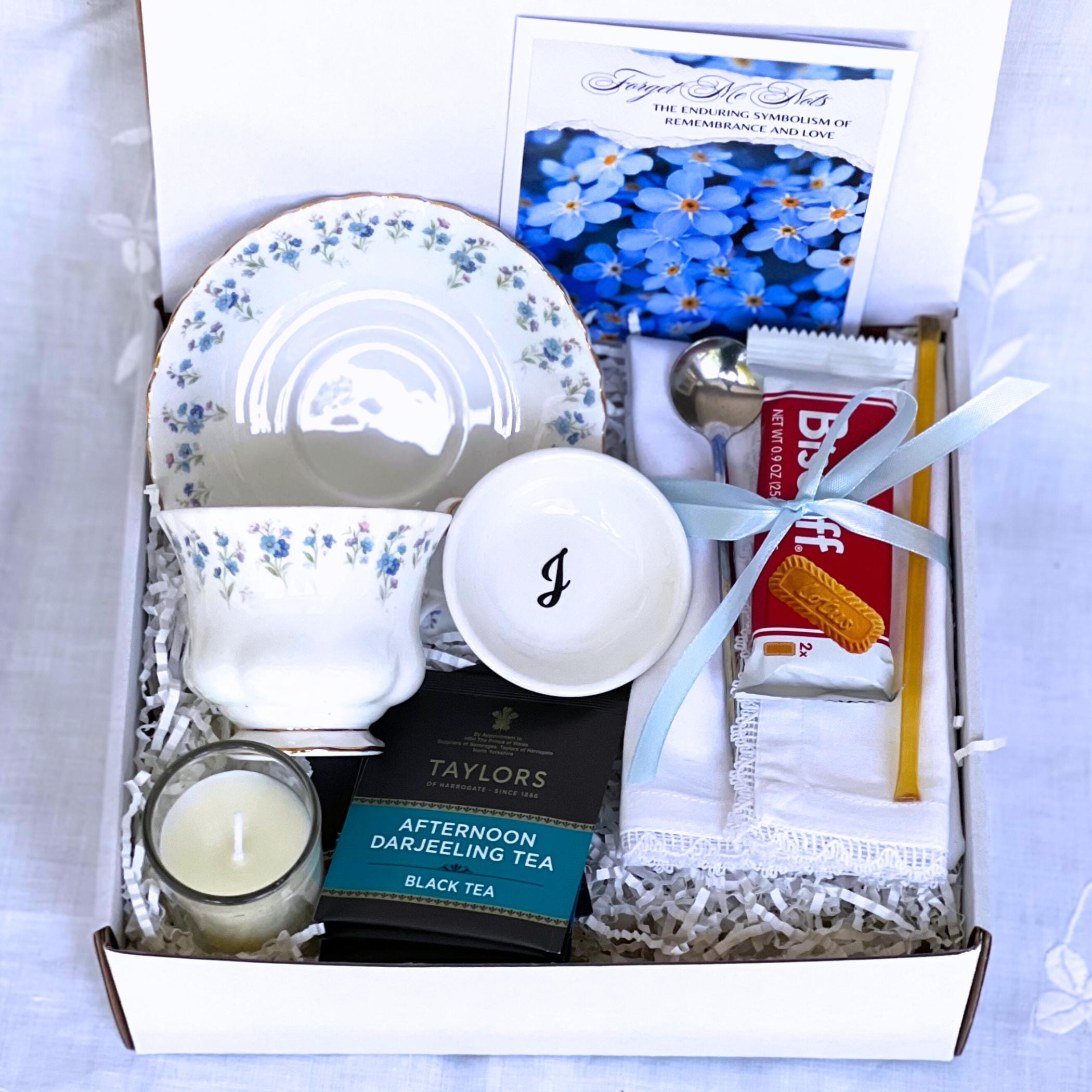 Sympathy Gift Box with Vintage Cup & Saucer, Thinking of You Care Package for Her, Tea Sampler Gift Box with Memorial Forget Me Not Necklace