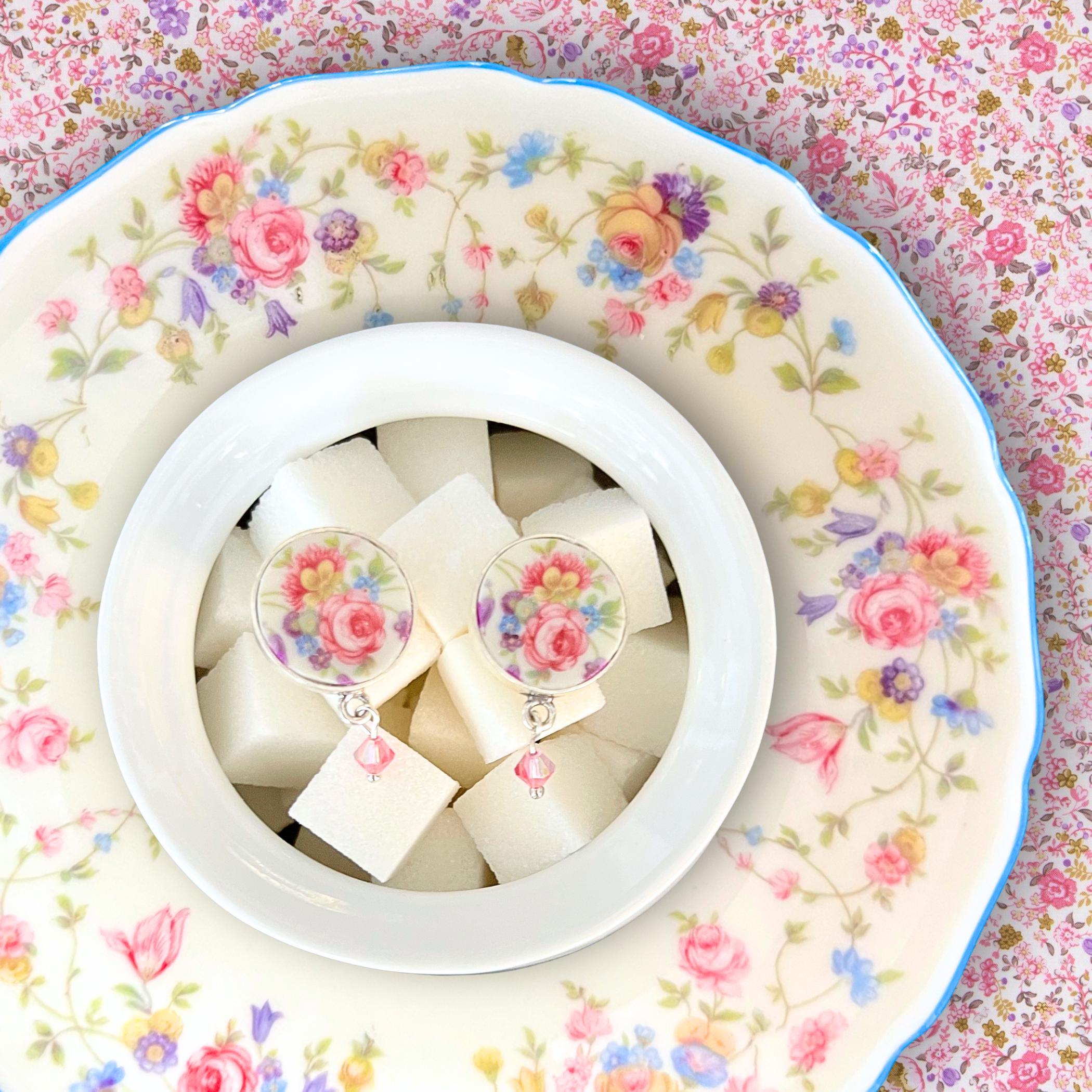 Rose Floral Stud China Earrings handmade with Upcycled Mitterteich Bavaria German China, Vintage Broken China Jewelry Birthday Gift for Her