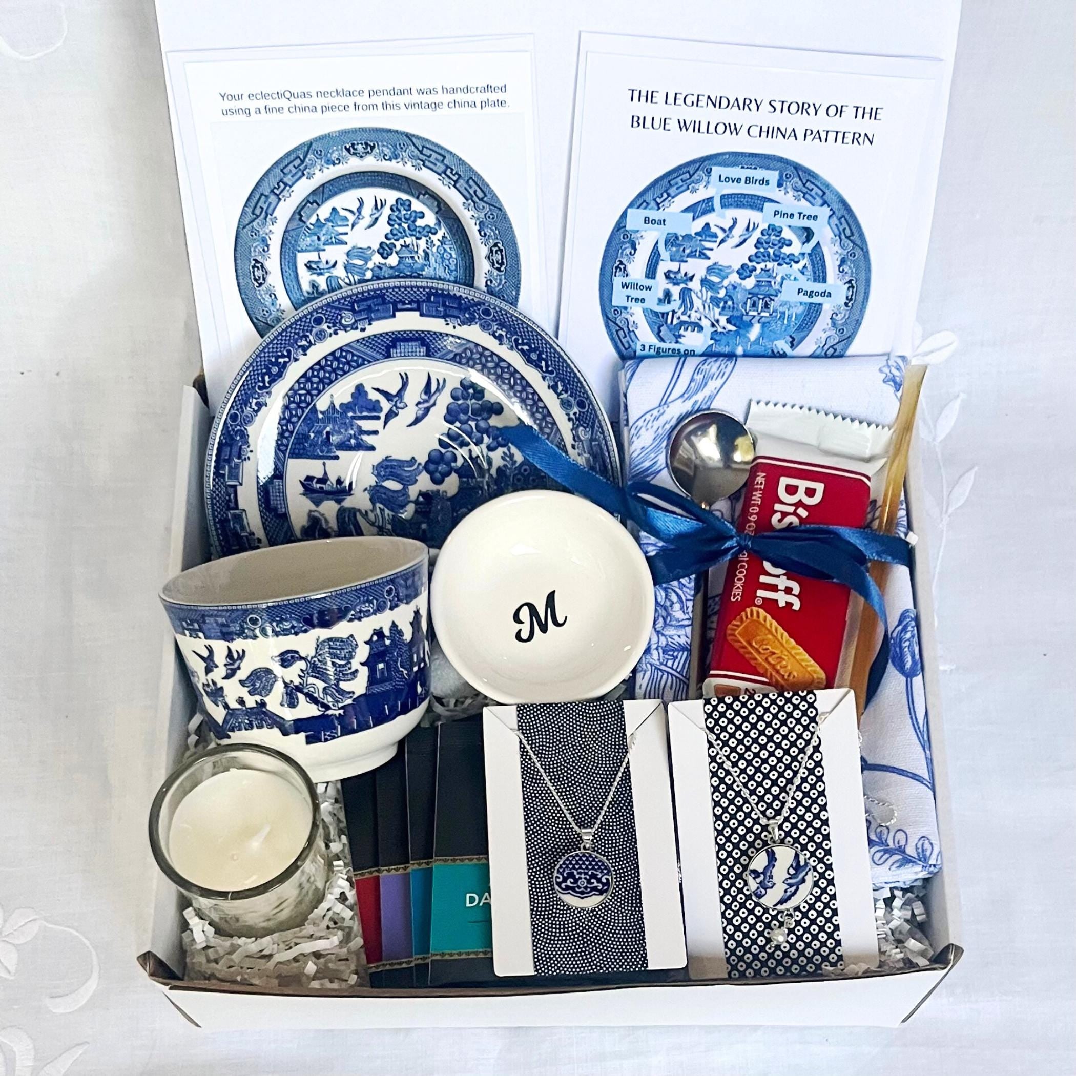 Tea gift basket with vintage Blue Willow chinoiserie teacup, gourmet teas, and optional pendant jewelry from matching blue transferware - collector's delight
