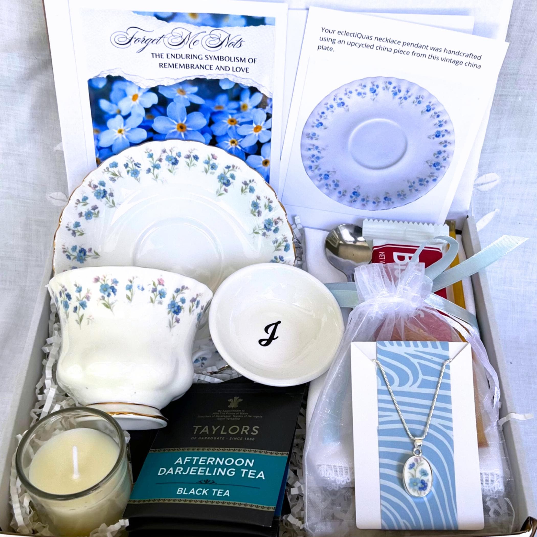 Sympathy tea gift basket with vintage forget-me-not china cup & saucer and optional matching necklace - a comforting memorial keepsake for grief and mourning