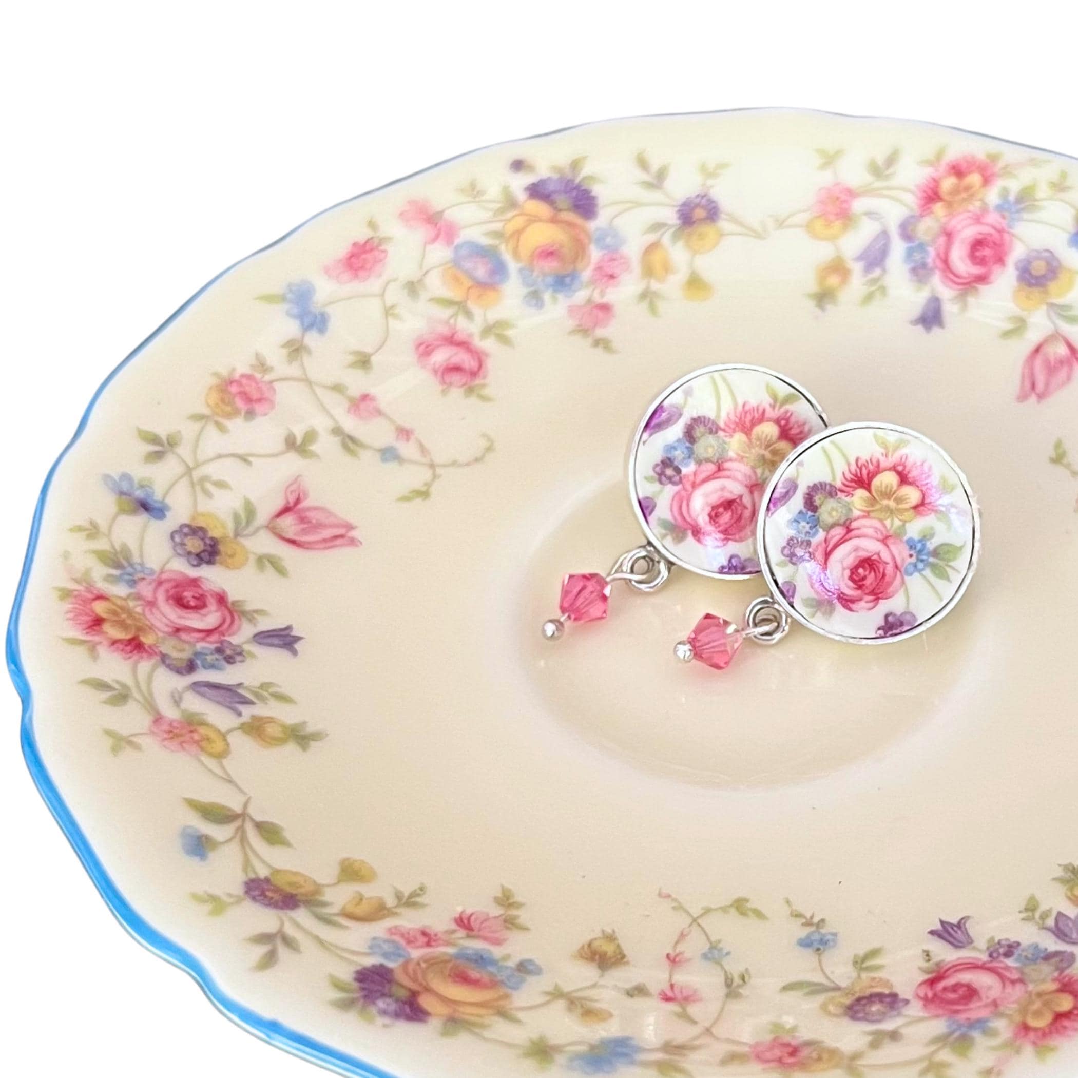 Handcrafted rose floral stud earrings featuring upcycled Mitterteich Bavaria china with pink crystals in sterling silver settings