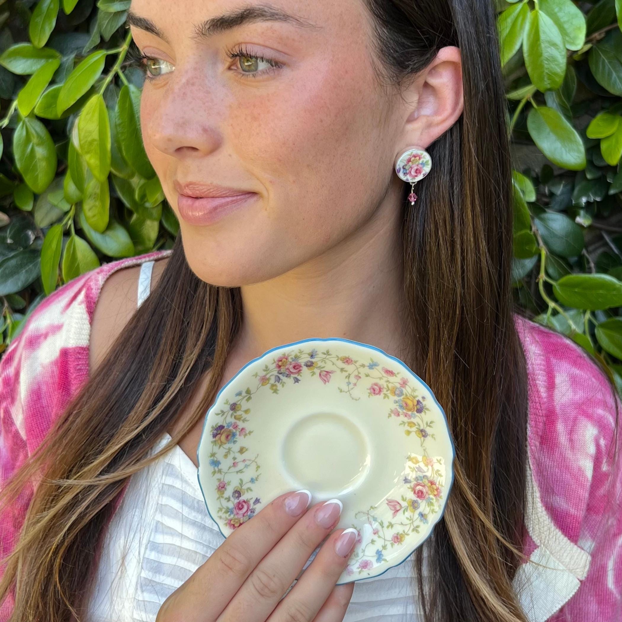 Rose Floral Stud China Earrings handmade with Upcycled Mitterteich Bavaria German China, Vintage Broken China Jewelry Birthday Gift for Her