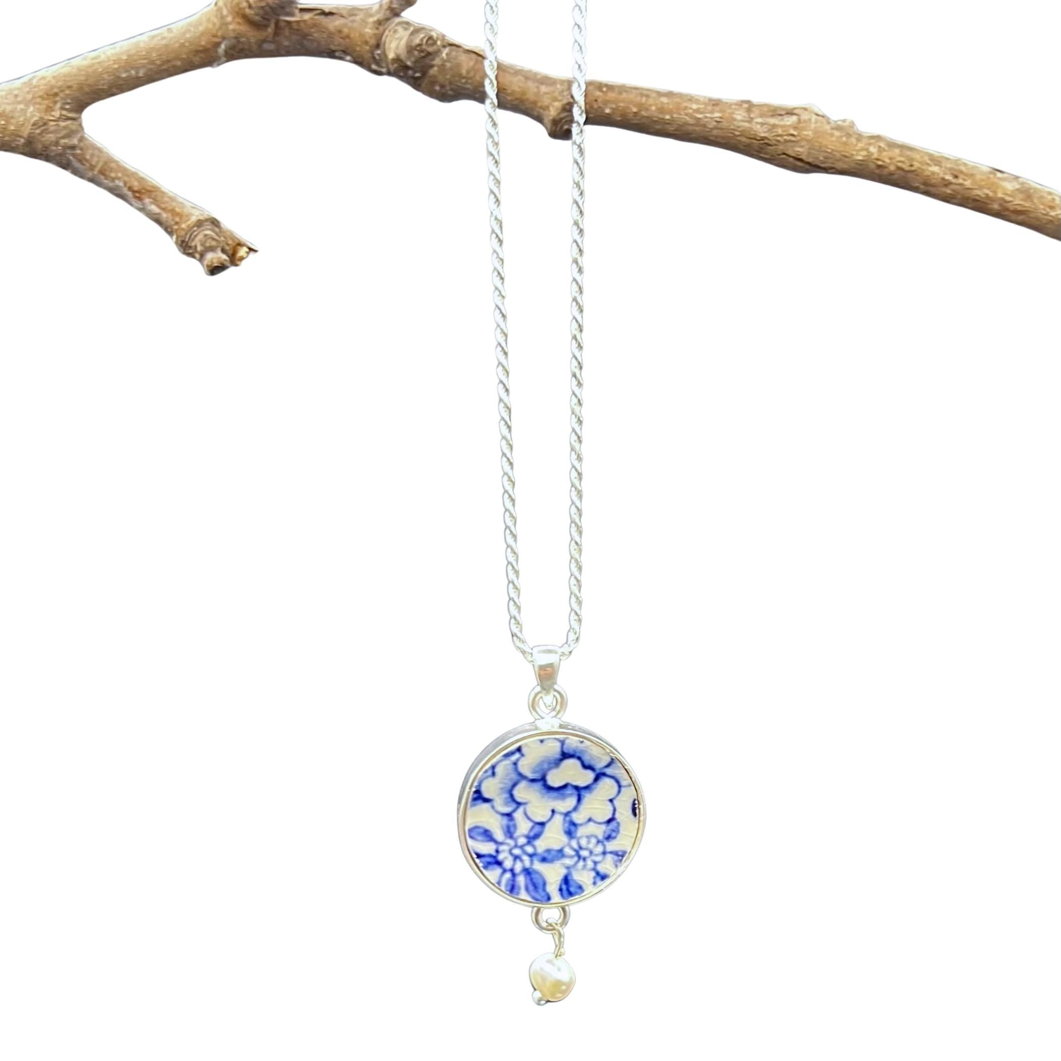 Unique Floral Blue Willow China Necklace upcycled with Chinoiserie Pottery, Thoughtful Broken China Jewelry 9th Anniversary Gift for Wife