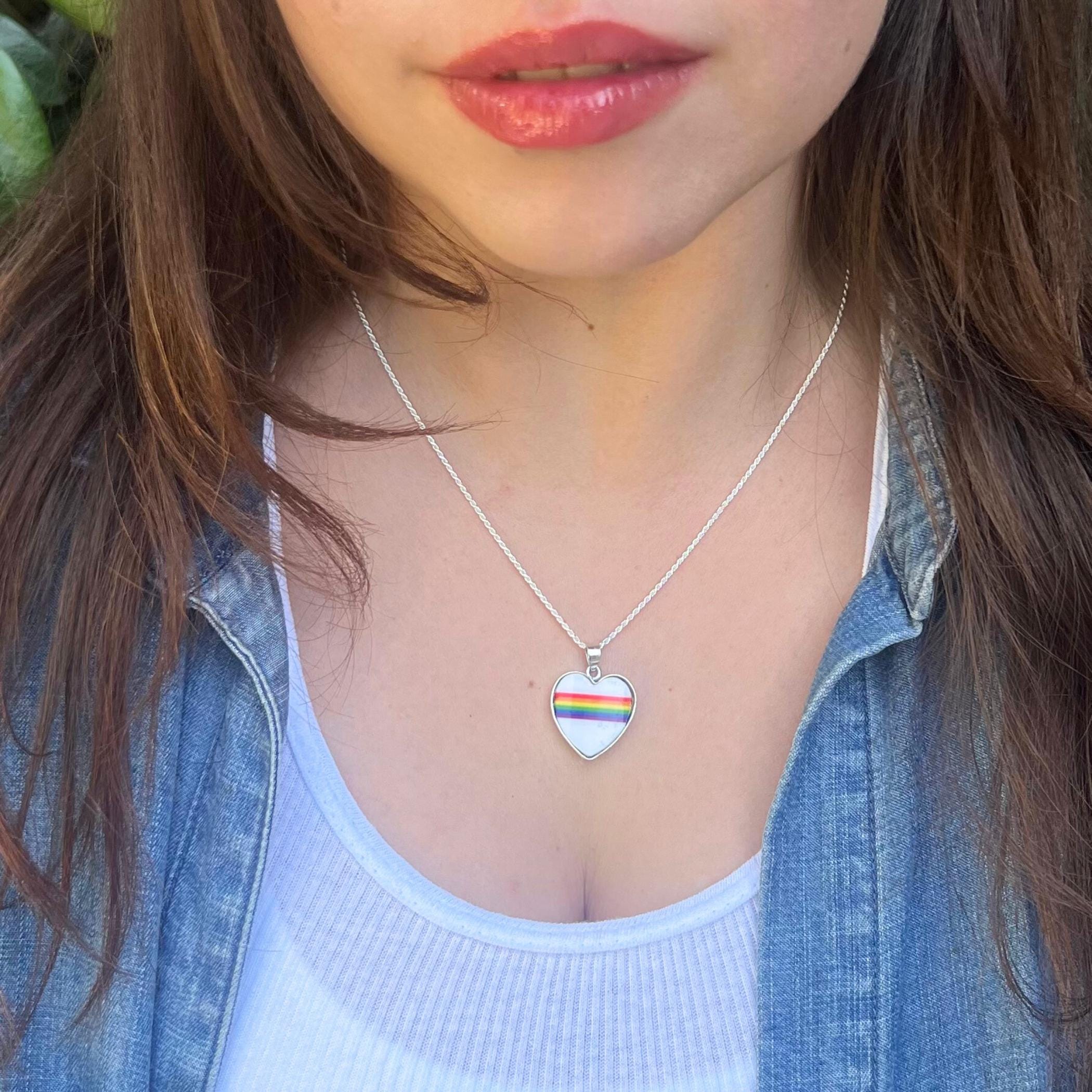 Dainty Rainbow Heart Lesbian Necklace Gift for Girlfriend, Discreet LGBTQ Ally Queer Subtle Gay Pride Jewelry handmade from Upcycled China