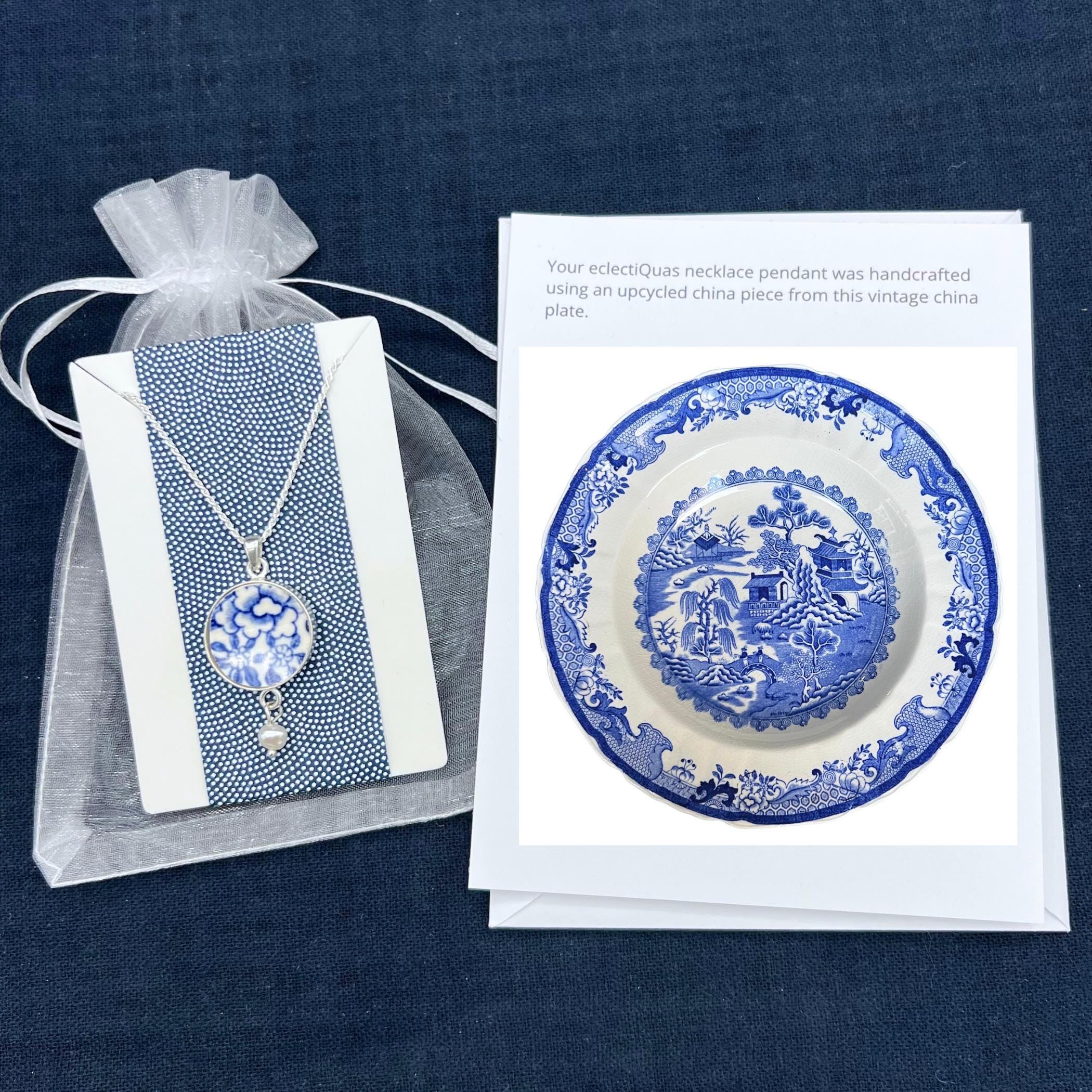 Unique Floral Blue Willow China Necklace upcycled with Chinoiserie Pottery, Thoughtful Broken China Jewelry 9th Anniversary Gift for Wife