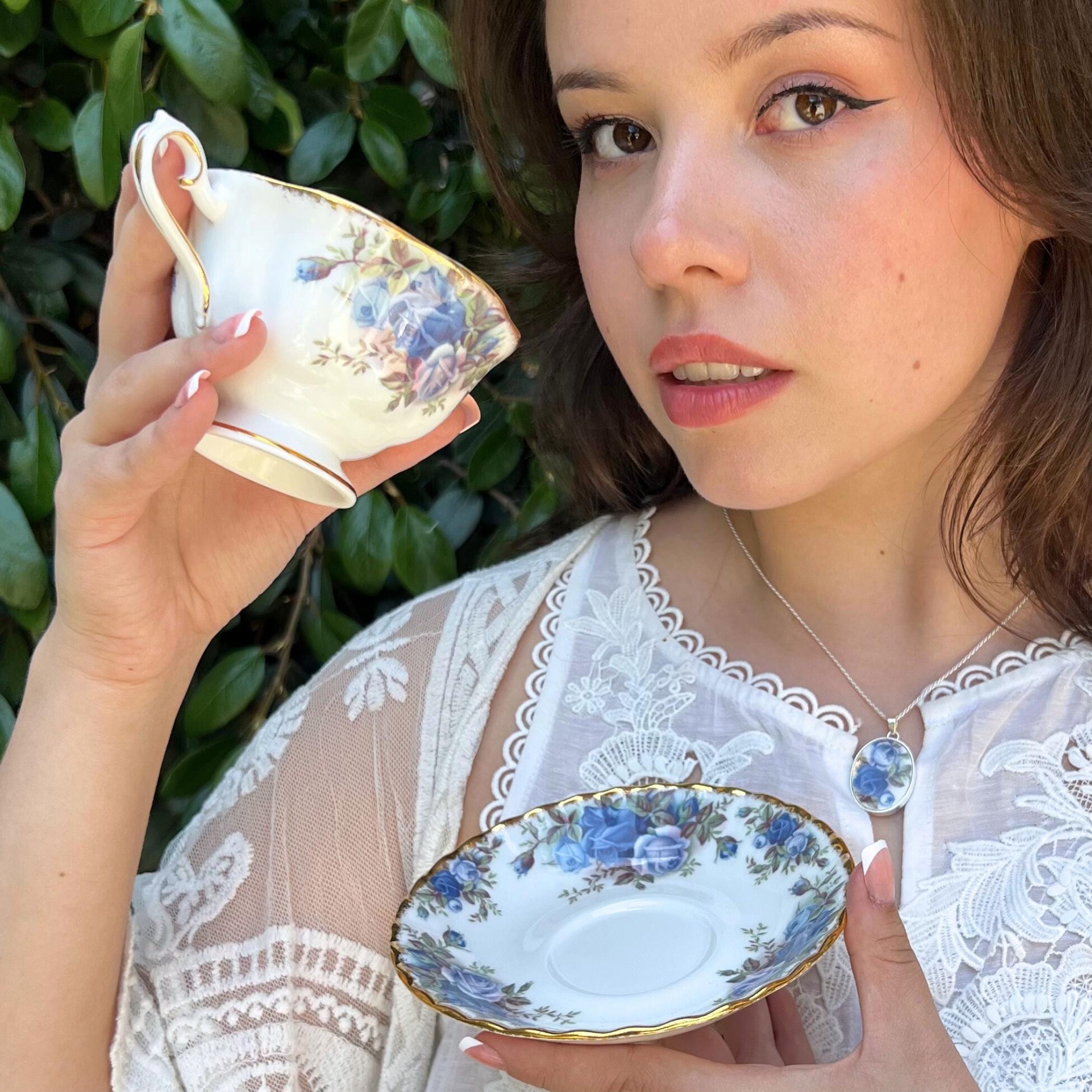 Royal Albert Moonlight Rose China Necklace, Thoughtful Porcelain Anniversary Gifts, Broken China Jewelry Vintage China Heirloom Gift for Her