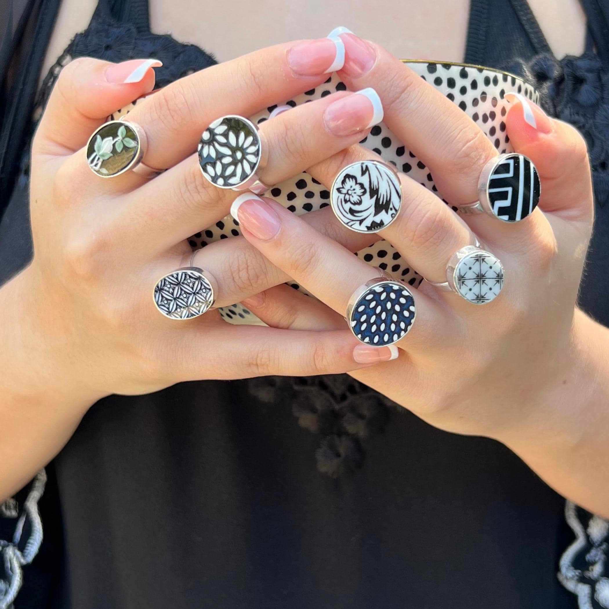 Upcycled China Jewelry Rings handmade with Sterling Silver and Vintage Black White China, Adjustable Ring Gift for Her Porcelain Anniversary