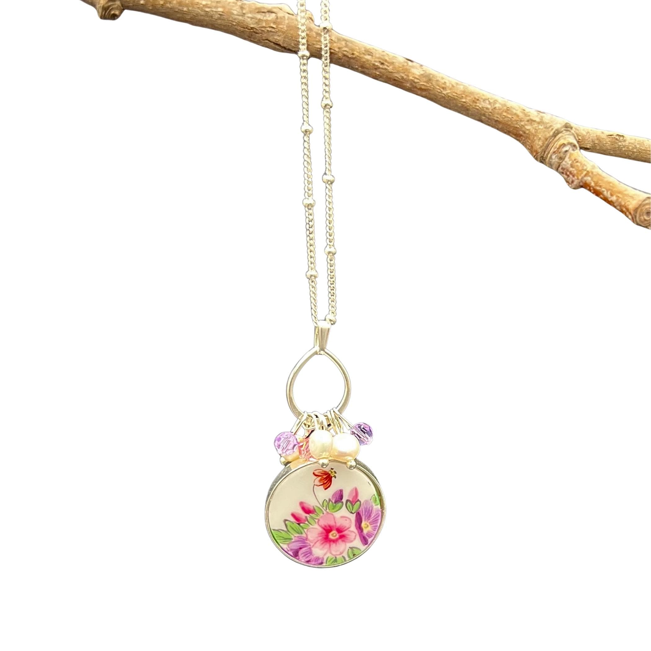RARE Antique Floral China Necklace with Dainty Charms & Sterling Silver, One of a Kind Romantic China Jewelry 20th Anniversary Gift for Wife
