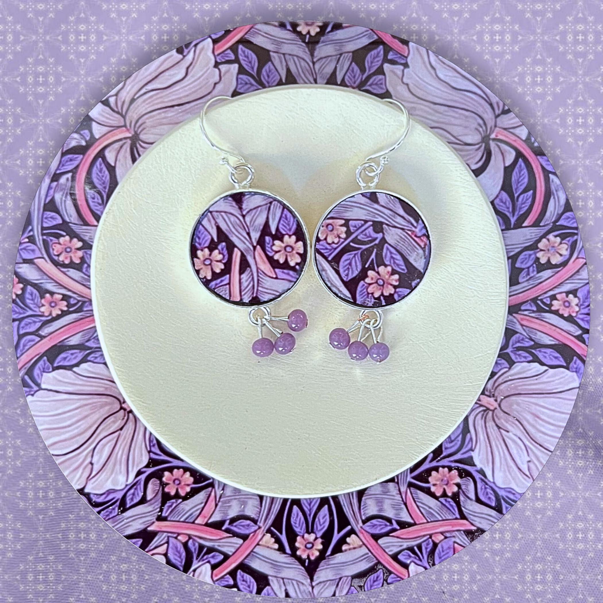 Vintage William Morris floral dangle earrings handmade with upcycled china, 40th 50th 60th Birthday gift for Purple Lovers