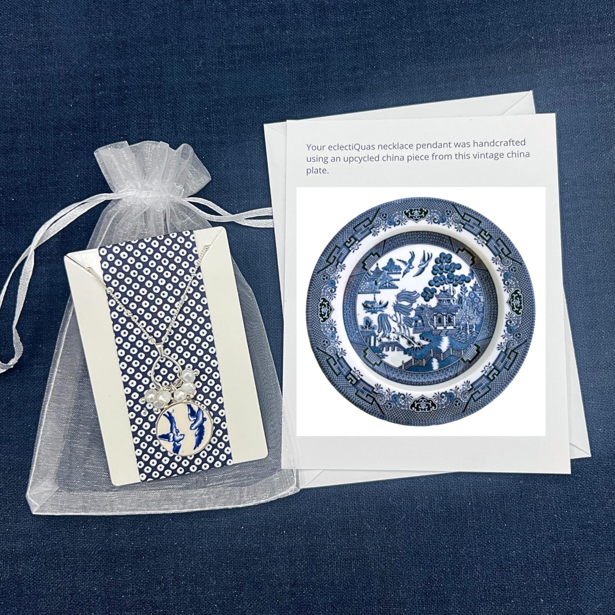 Love Birds Blue Willow China Necklace with Dainty Pearls & Sterling Silver, Chinoiserie China Jewelry, Thoughtful Porcelain Anniversary Gift