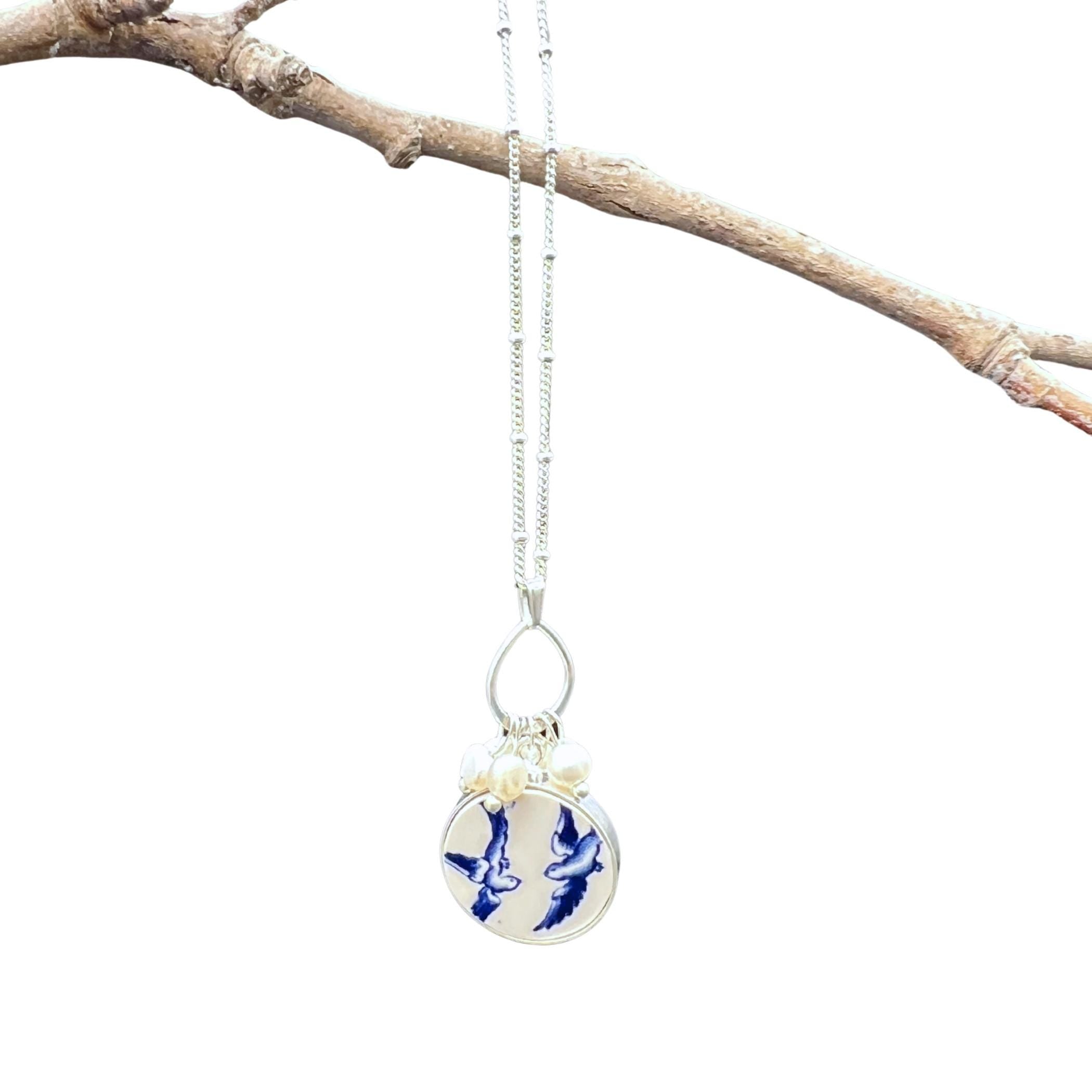 Love Birds Blue Willow China Necklace with Dainty Pearls & Sterling Silver, Chinoiserie China Jewelry, Thoughtful Porcelain Anniversary Gift