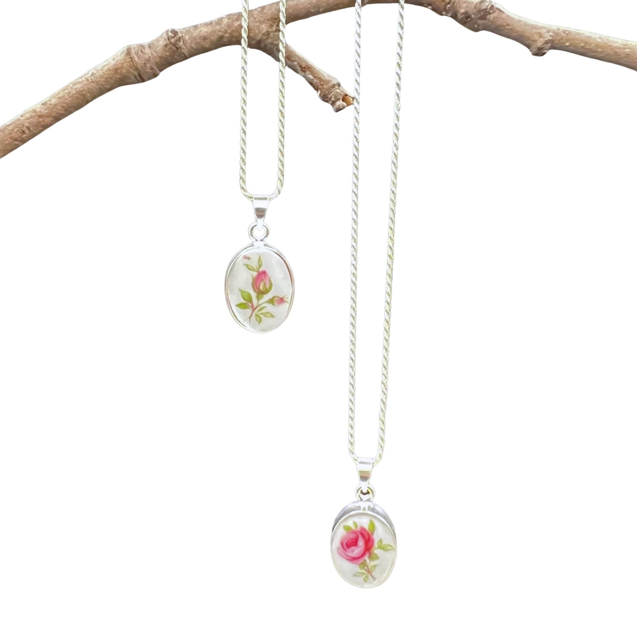 Dainty Royal Albert China Necklaces handmade with Upcycled Rose China & Sterling Silver, Vintage China Jewelry for Thoughtful Birthday Gift