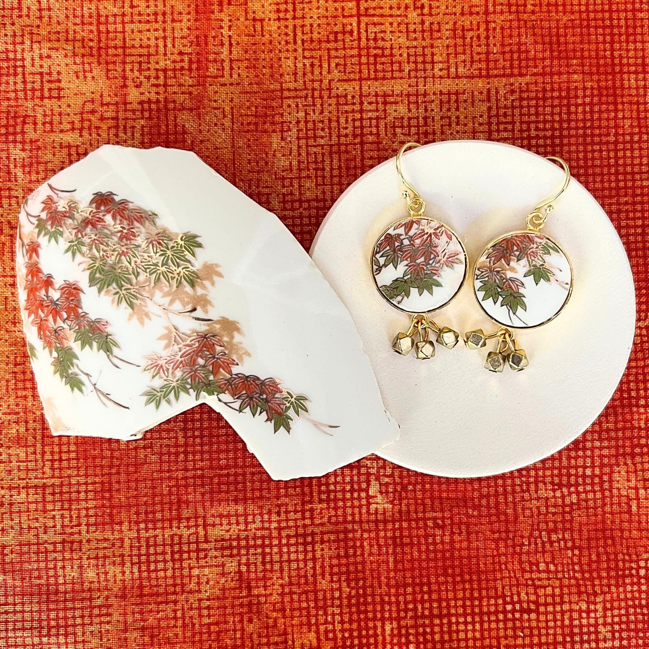 Fall Japanese Maple Leaves Porcelain Earrings & Leaf Necklace handmade from Upcycled Imari Porcelain, Autumn Birthday China Jewelry Set