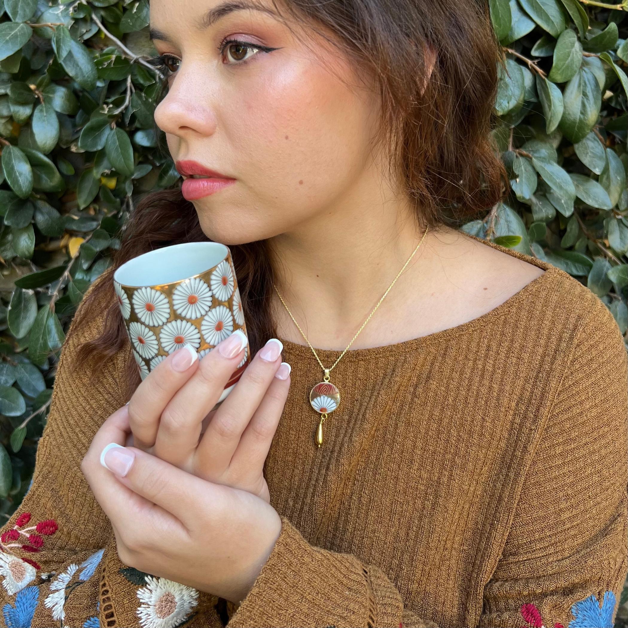 Long Artisan Imari Porcelain Necklace handcrafted from a Japanese Arita Yaki Yunomi, Gold Fall Floral China Jewelry Gift for Autumn Birthday