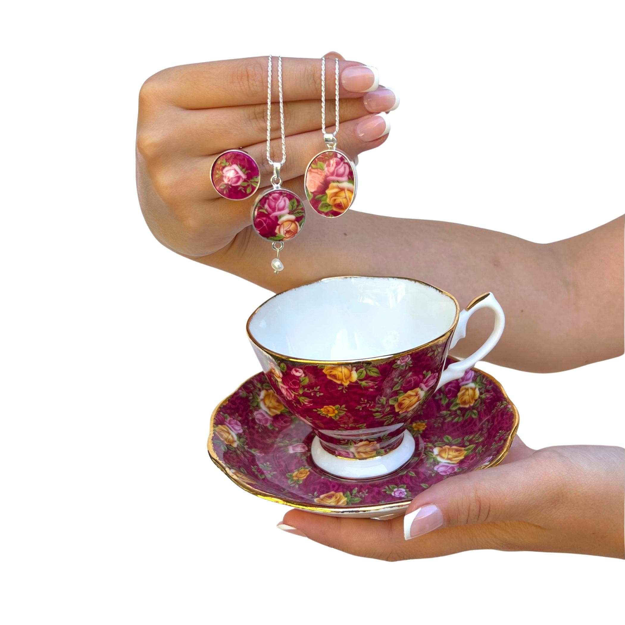 Royal Albert Old Country Roses Ruby Lace China Necklaces with Sterling Silver, Romantic OCR Broken China Jewelry Birthday Gift for Wife Mom