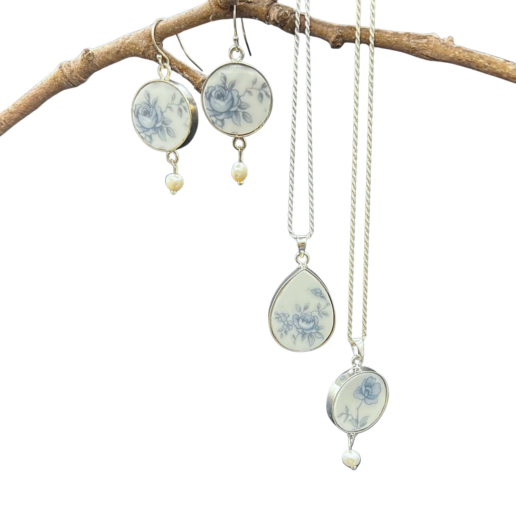 Johann Haviland Blue Garland China Jewelry Gift for Mom Wife, Vintage China Earrings & Blue Flower Necklace Set, Unique and Thoughtful Gift