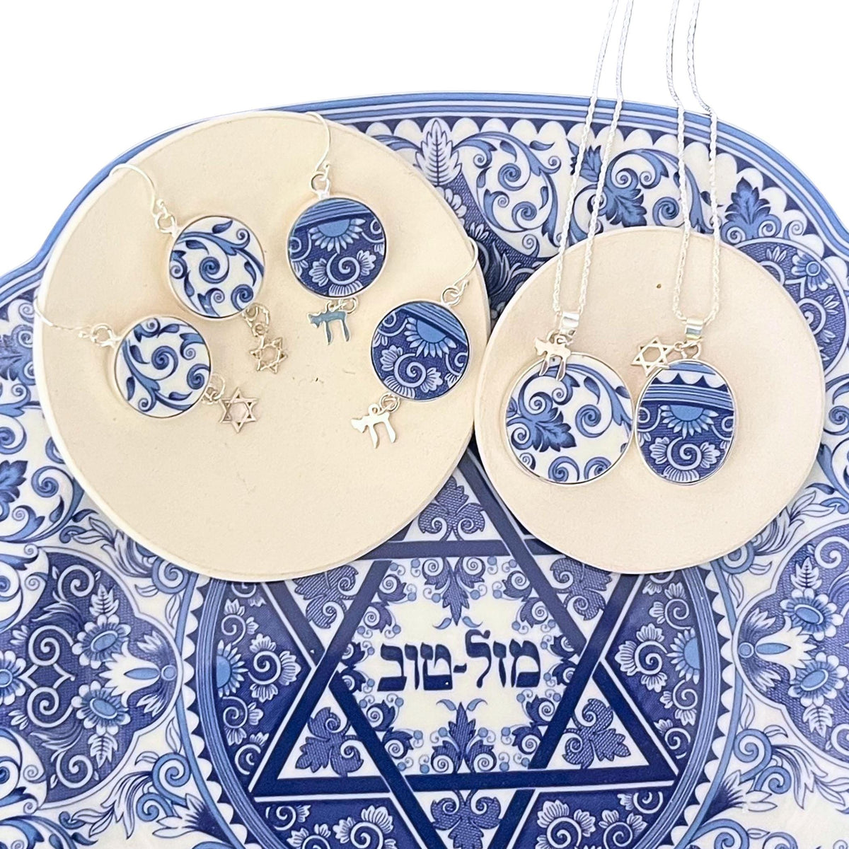 Jewish Star of David and Chai Necklace handcrafted with Spode Judaica China & Sterling Silver, Magen David Modern Judaica Jewelry Gift
