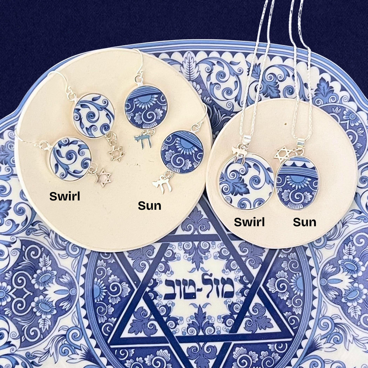 Jewish Star of David and Chai Necklace handcrafted with Spode Judaica China & Sterling Silver, Magen David Modern Judaica Jewelry Gift