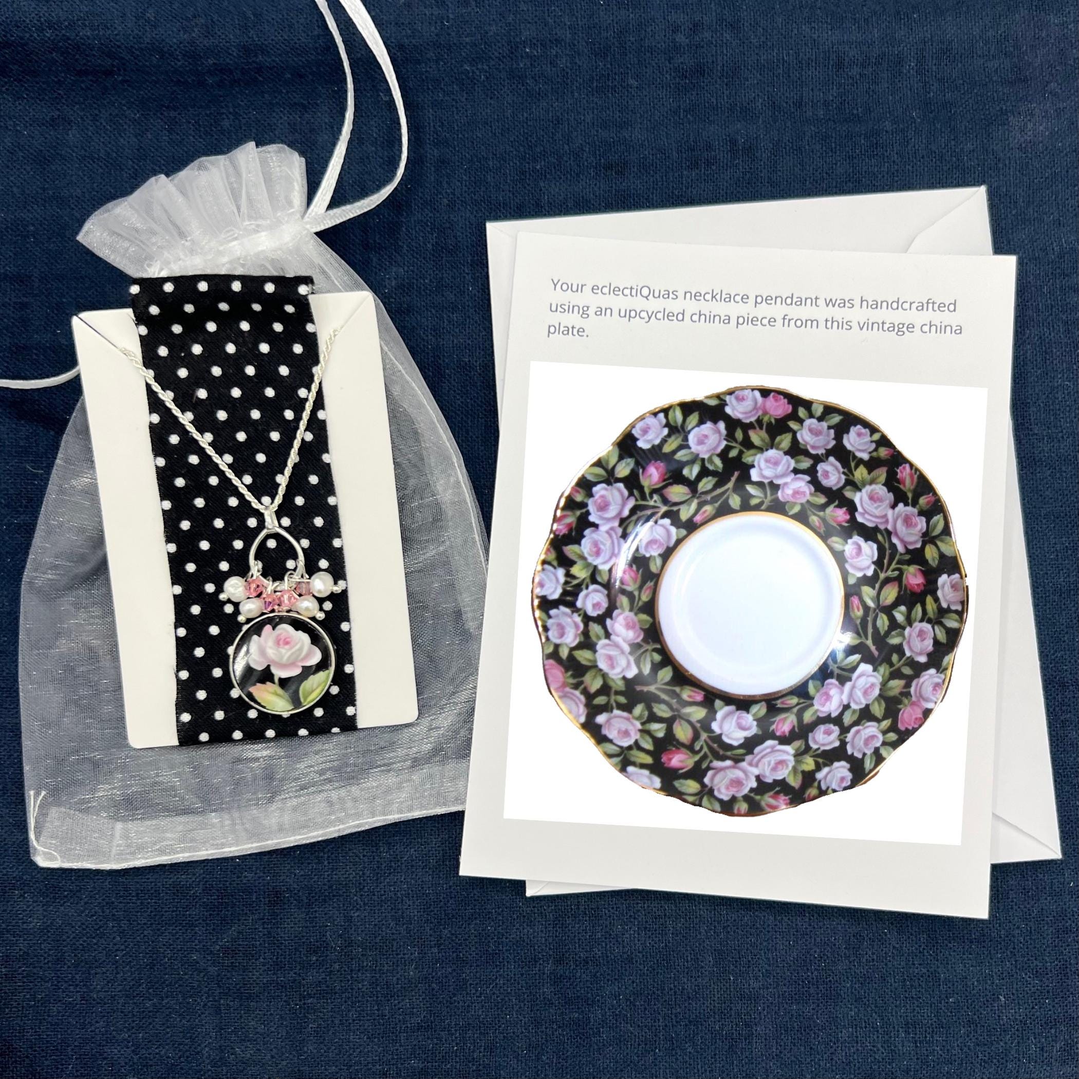 Vintage Royal Albert Alton China Necklace with Sterling Silver, Unique Christmas Gift for Her, Upcycled China Jewelry with Pink & Black Rose