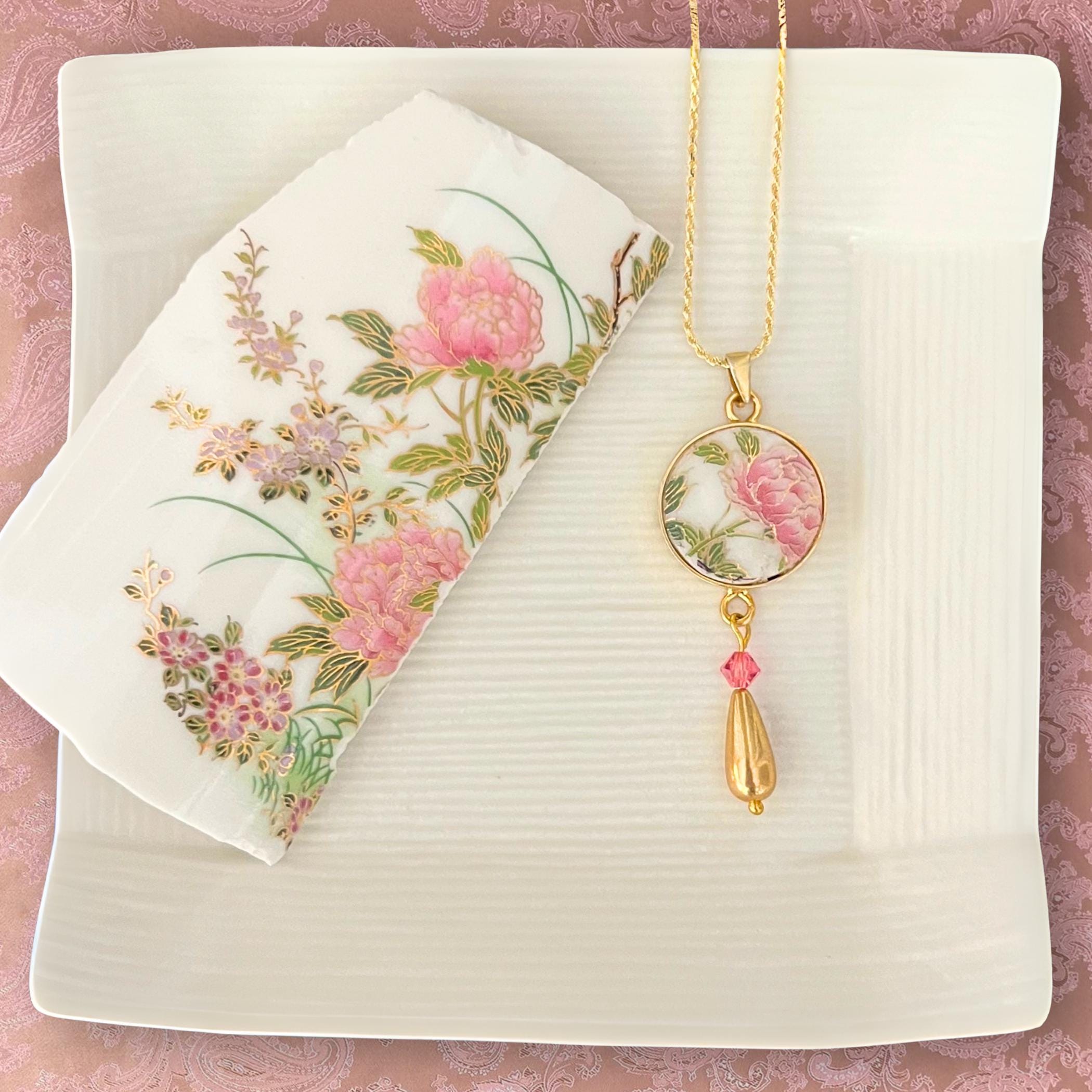 Peony Necklace Chinoiserie Christmas Gift for Women, Romantic 12th Anniversary Indie Imari Porcelain Jewelry