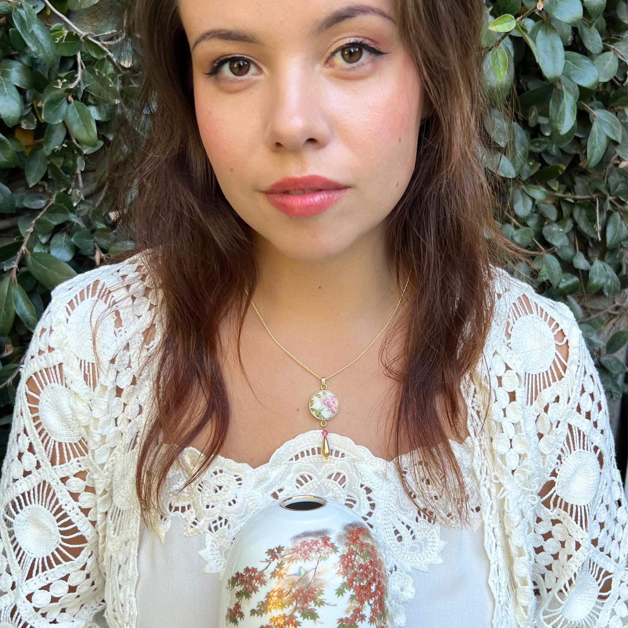 Peony Necklace Chinoiserie Christmas Gift for Women, Romantic 12th Anniversary Indie Imari Porcelain Jewelry