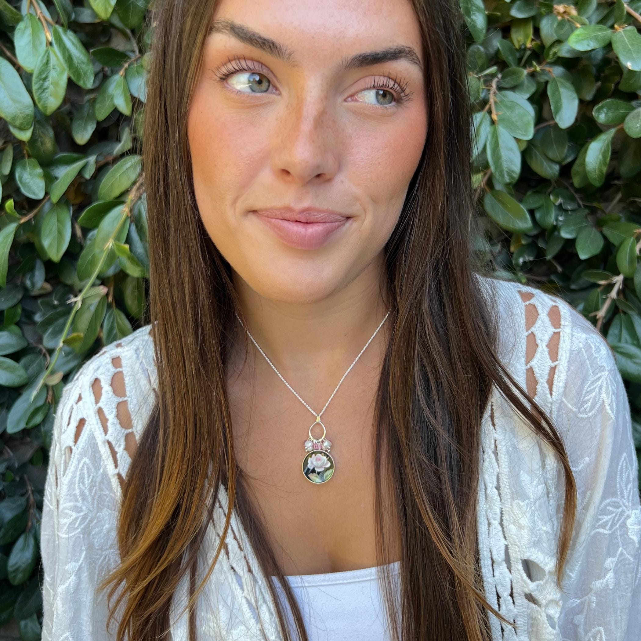 Vintage Royal Albert Alton China Necklace with Sterling Silver, Unique Christmas Gift for Her, Upcycled China Jewelry with Pink & Black Rose