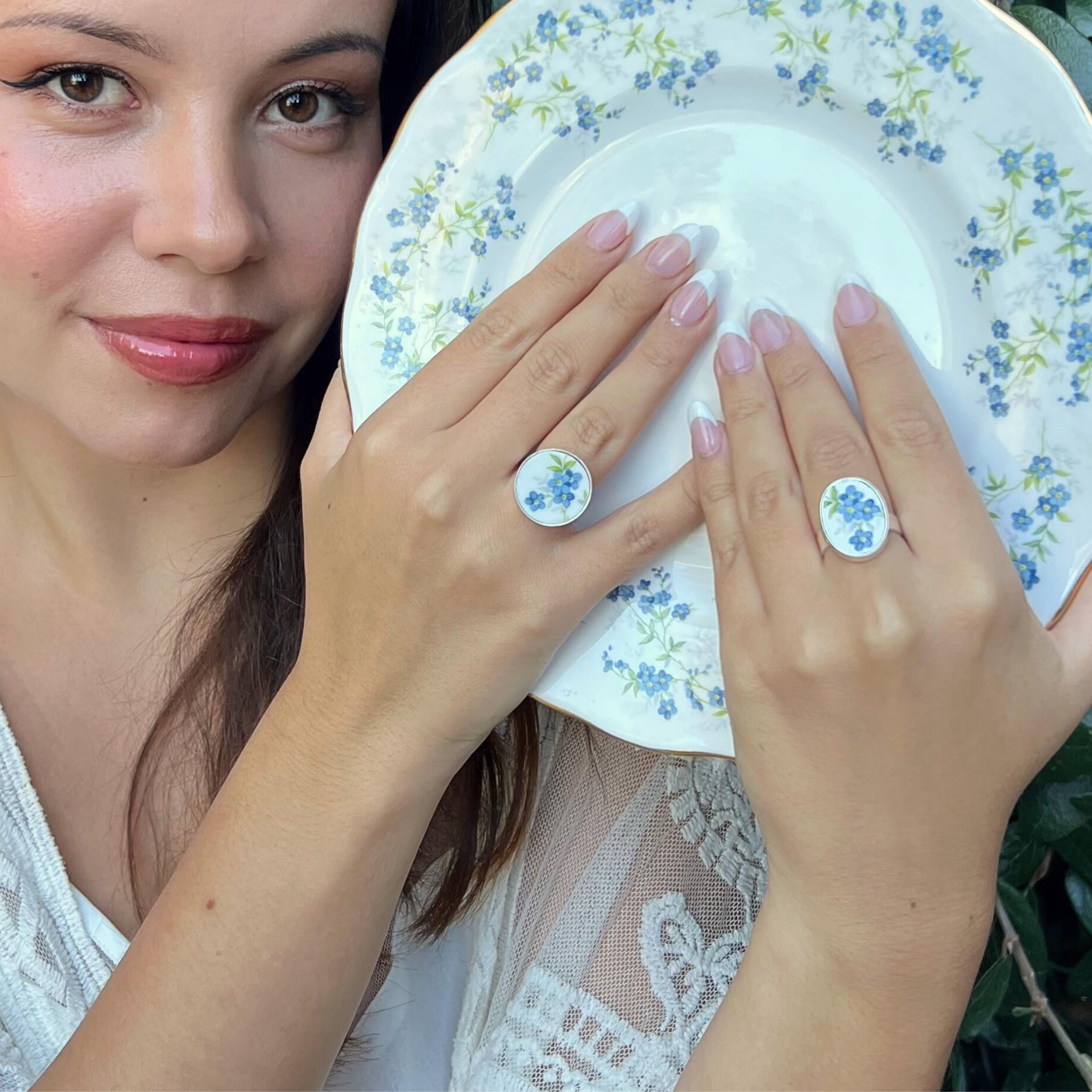 Sterling Silver Forget Me Not Ring handmade from Upcycled Vintage China, Blue Flower Broken China Jewelry Meaningful Valentines Day Gift