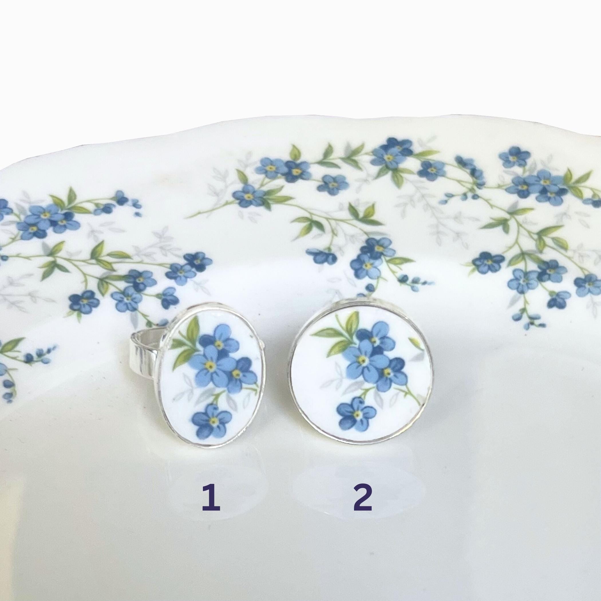 Sterling Silver Forget Me Not Ring handmade from Upcycled Vintage China, Blue Flower Broken China Jewelry Meaningful Valentines Day Gift