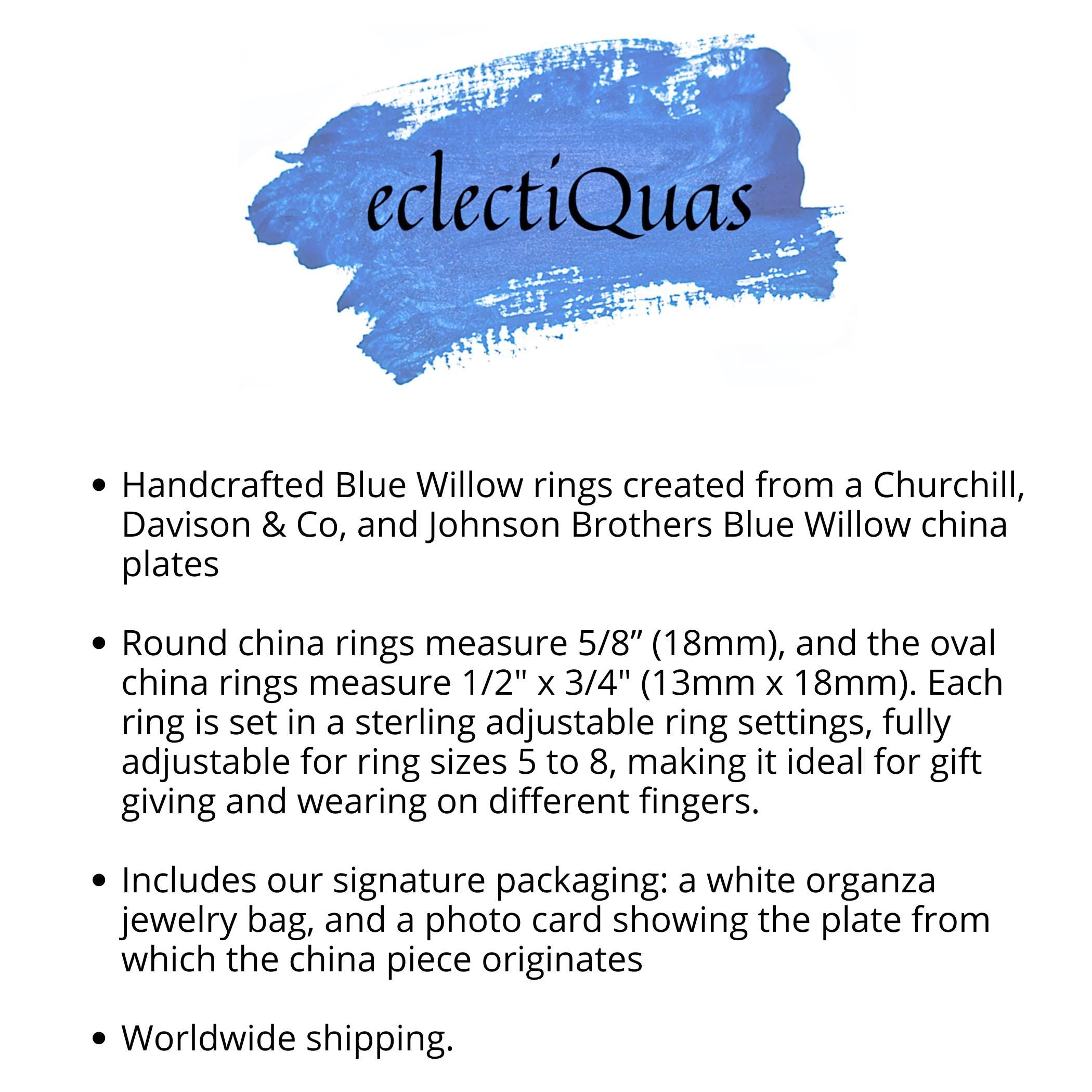 Blue Willow Broken China Jewelry Rings upcycled with Sterling Silver, Vintage Chinoiserie Blue and White China Statement Ring Gift for Women