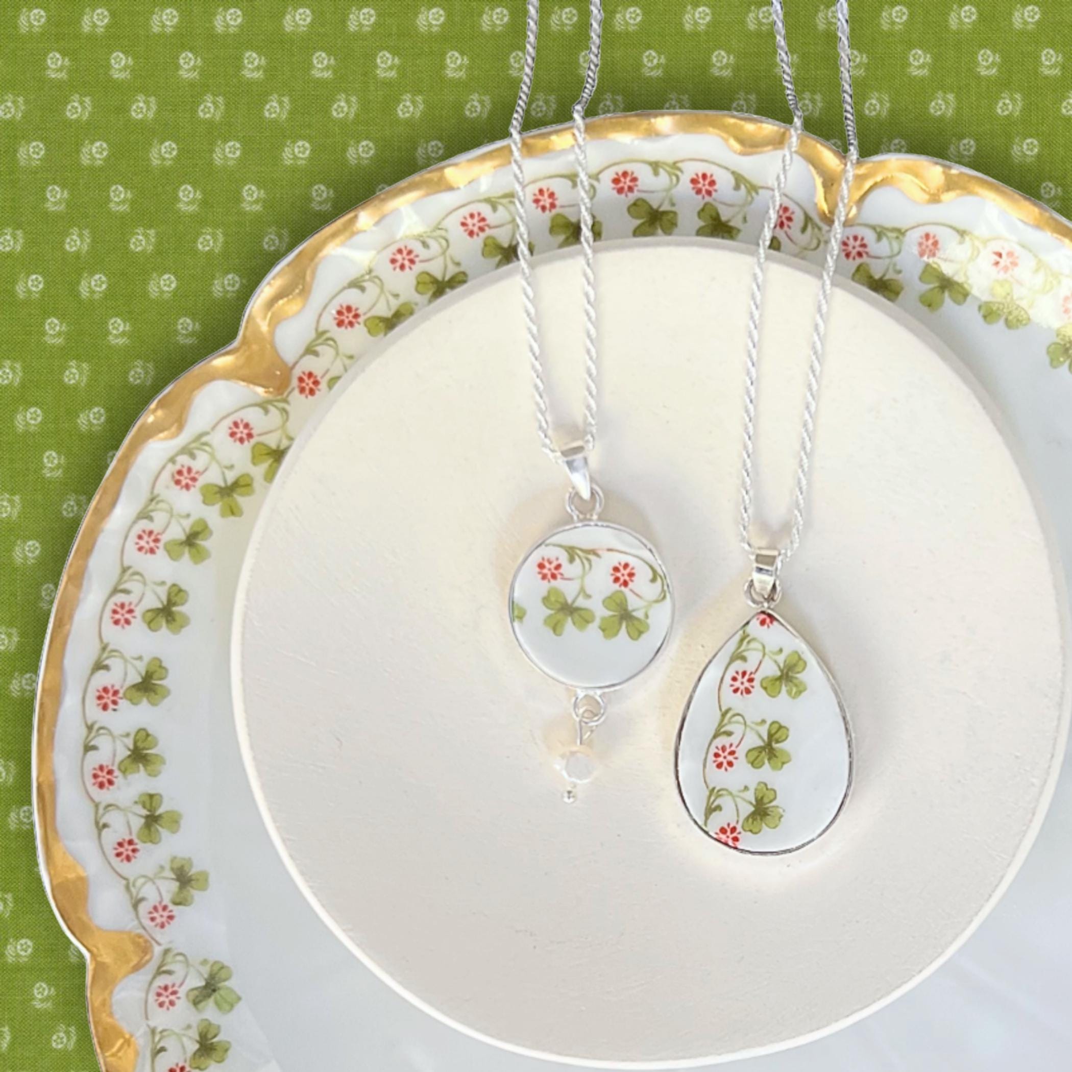 Unique Shamrock Necklace handmade with Sterling Silver & Upcycled Porcelain, Irish Broken China Jewelry St Patricks Day Gift for Women