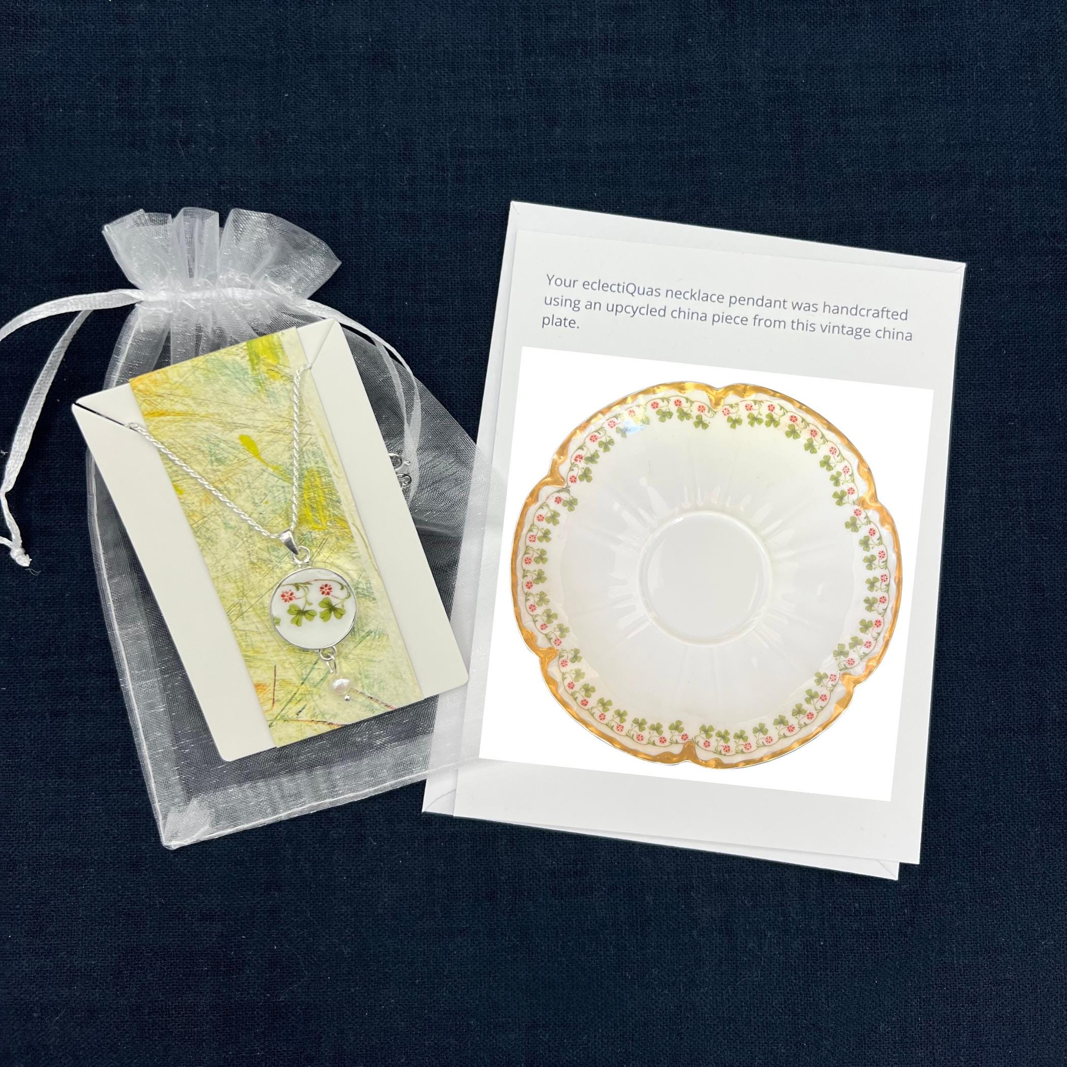 Unique Shamrock Necklace handmade with Sterling Silver & Upcycled Porcelain, Irish Broken China Jewelry St Patricks Day Gift for Women