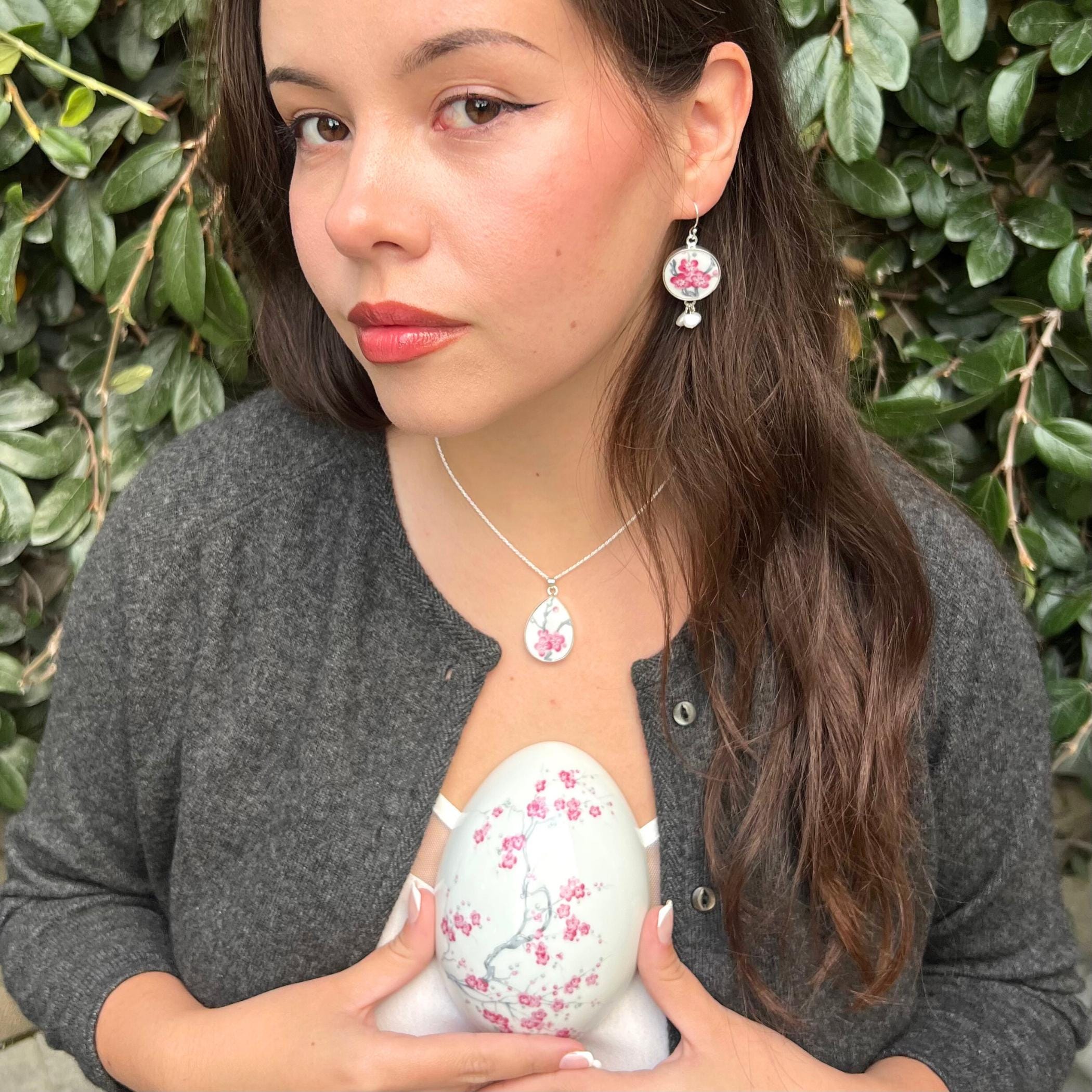 Spring Cherry Blossom Necklace and China Earrings handmade with French Limoges Porcelain & Sterling Silver, Vintage China Jewelry Gift