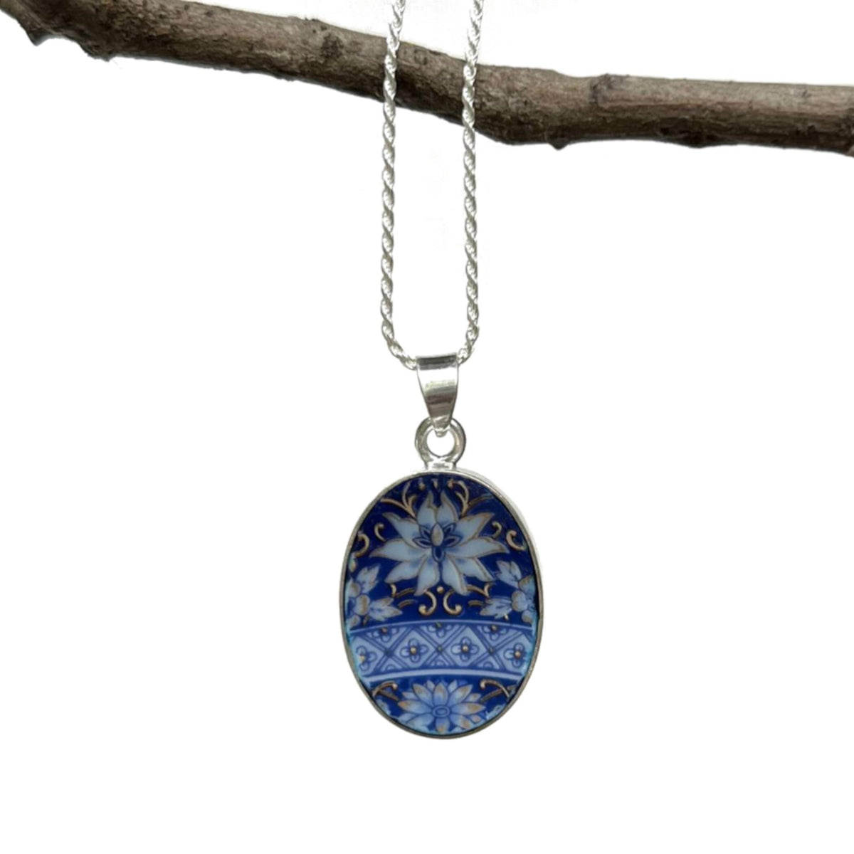 Intricate Blue Oval Egg Pendant Necklace handmade with Upcycled Porcelain & Sterling Silver