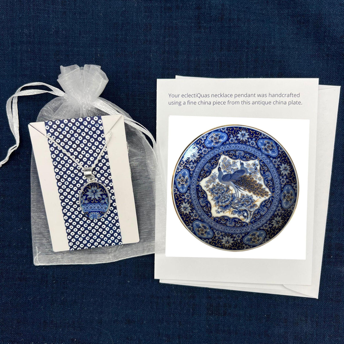 Intricate Blue Oval Egg Pendant Necklace handmade with Upcycled Porcelain & Sterling Silver