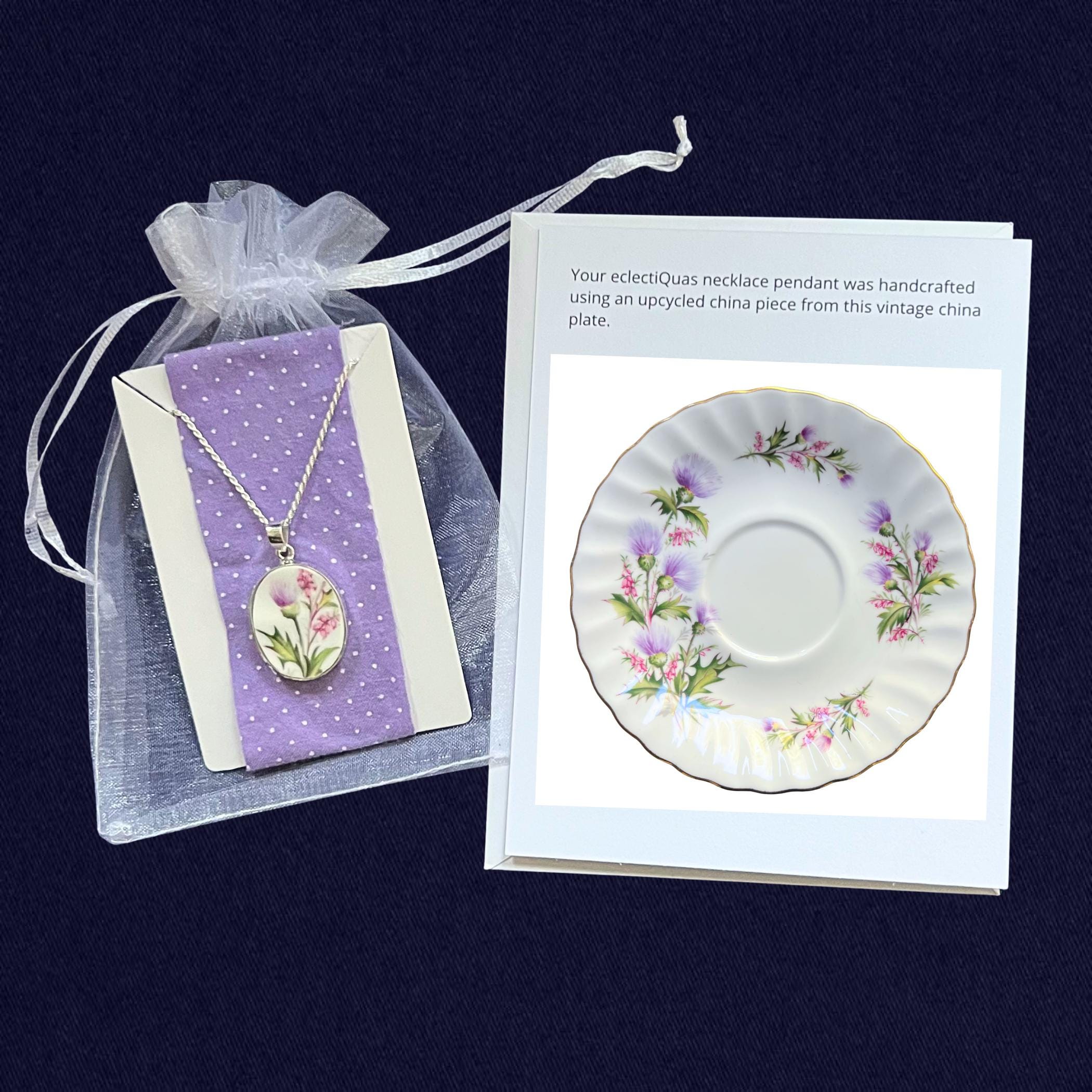 Scottish Thistle Necklace handmade with Sterling Silver & Upcycled China, Thoughtful Birthday Gift of Purple Flower Vintage China Jewelry