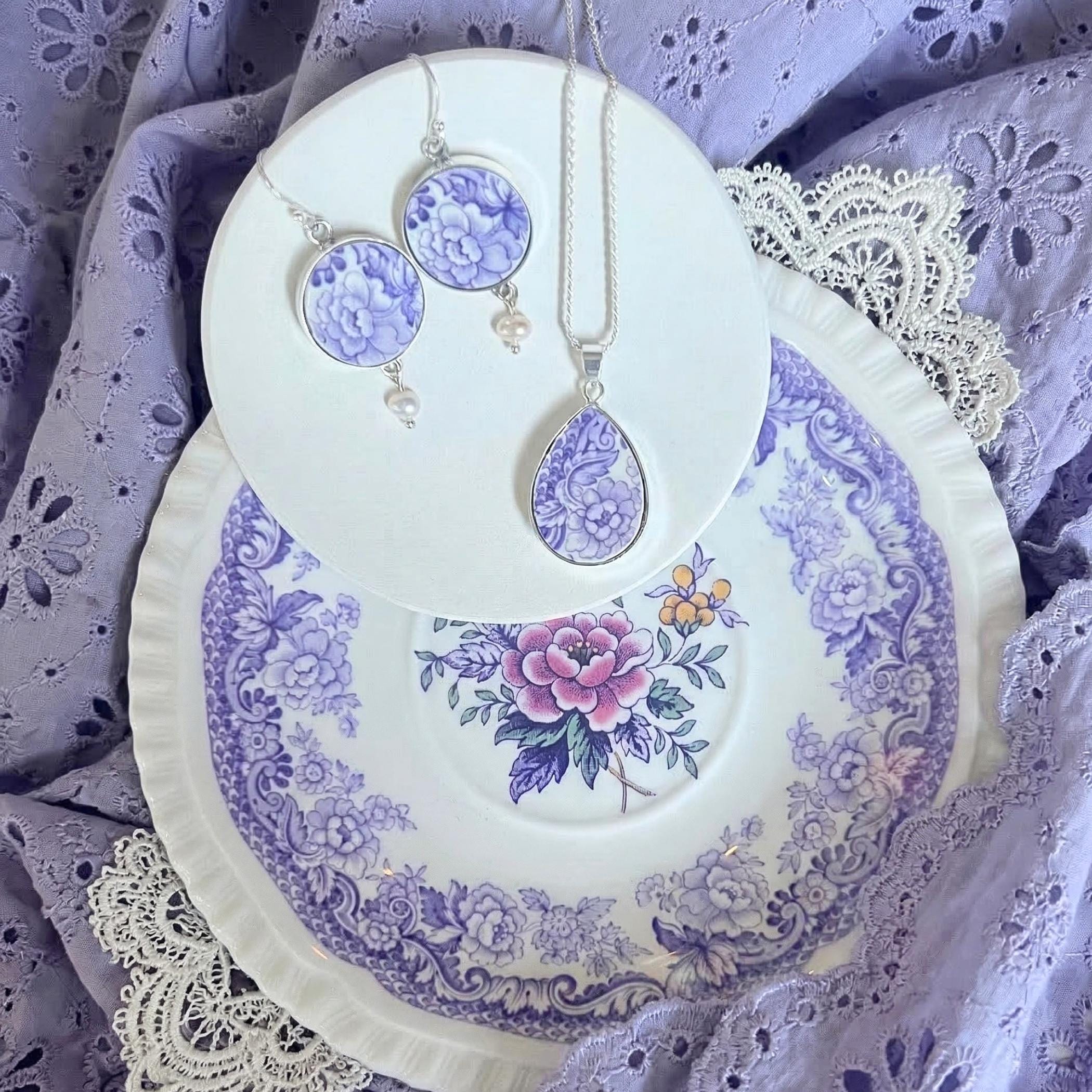 Dainty Purple Lavender Transferware Spode China Necklace Earrings Gift for Mothers Day, Upcycled Vintage China Jewelry with Sterling Silver