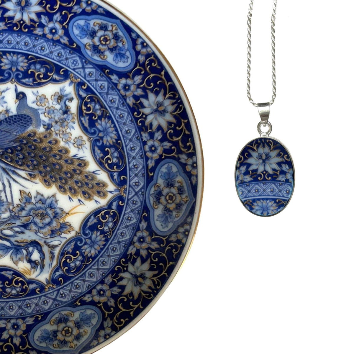 Intricate Blue Oval Egg Pendant Necklace handmade with Upcycled Porcelain & Sterling Silver