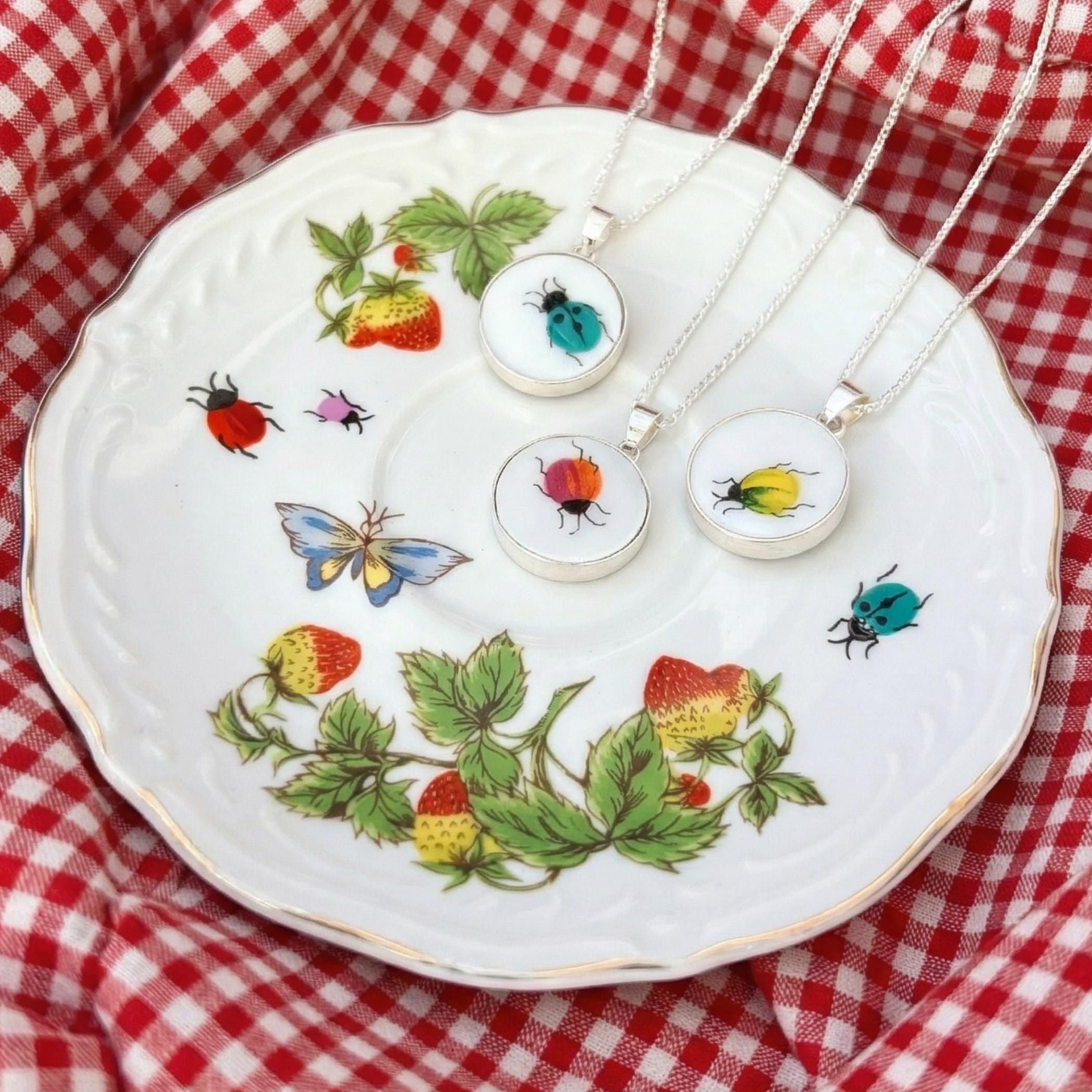 Ladybug Pendant China Necklaces handmade with Upcycled China & Sterling Silver, Dainty Porcelain Jewelry Gift for Garden Lover and Gardeners