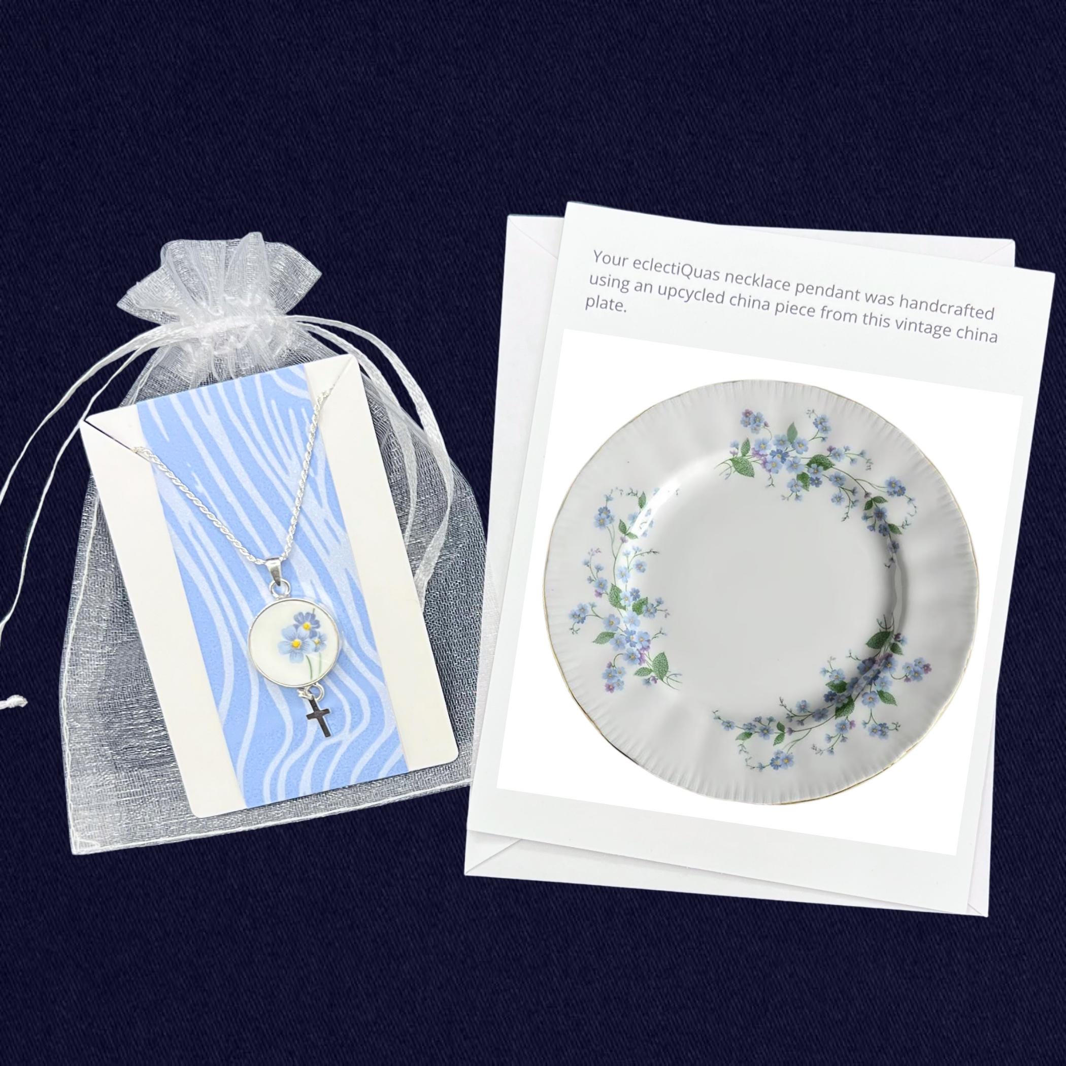 Unique Cross Necklace with Vintage Forget Me Not China Pendant, Dainty Sterling Silver Christian Crucifix China Jewelry Gift for Women