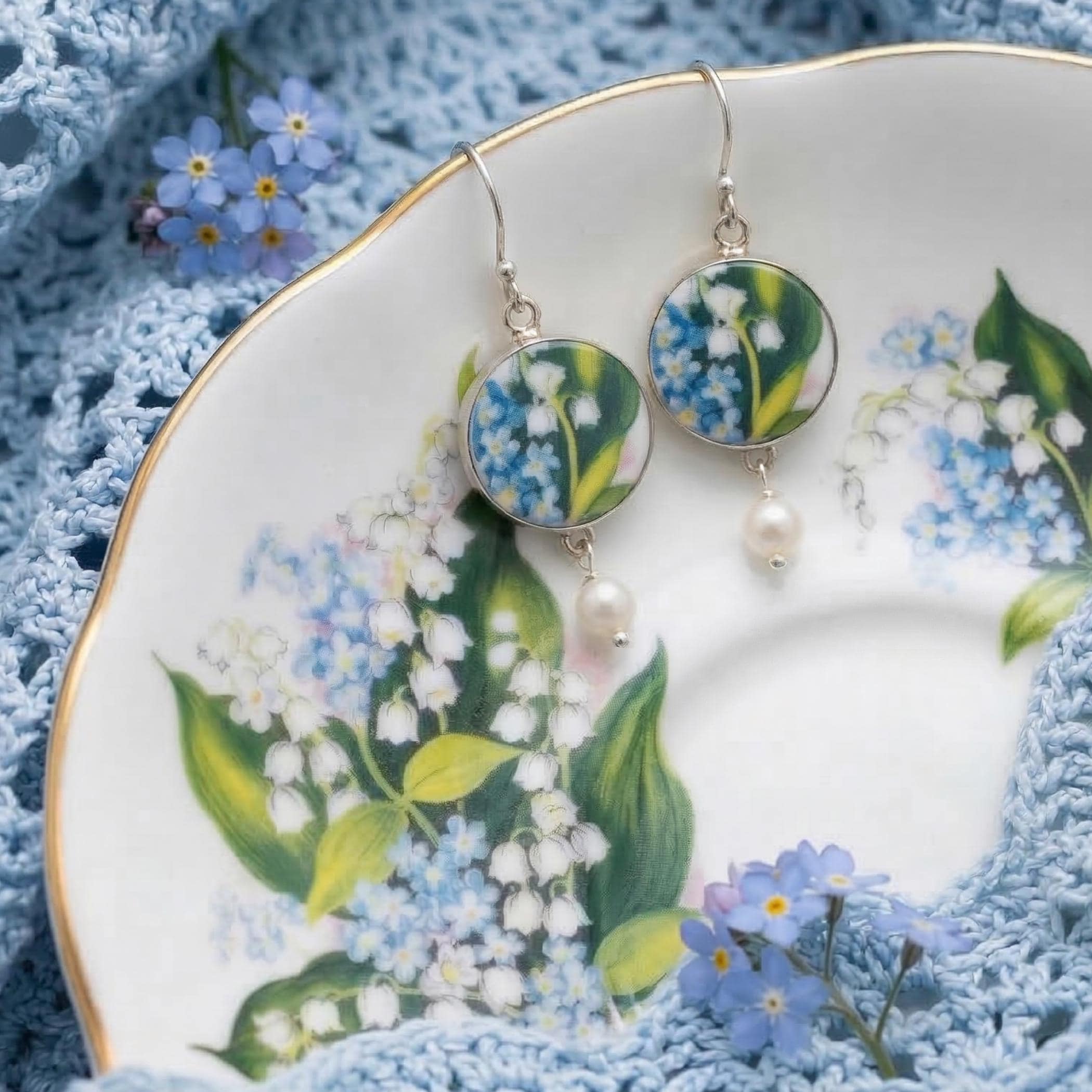 Royal Albert Broken China Jewelry Earrings handmade with Forget Me Not and Lily of the Valley China