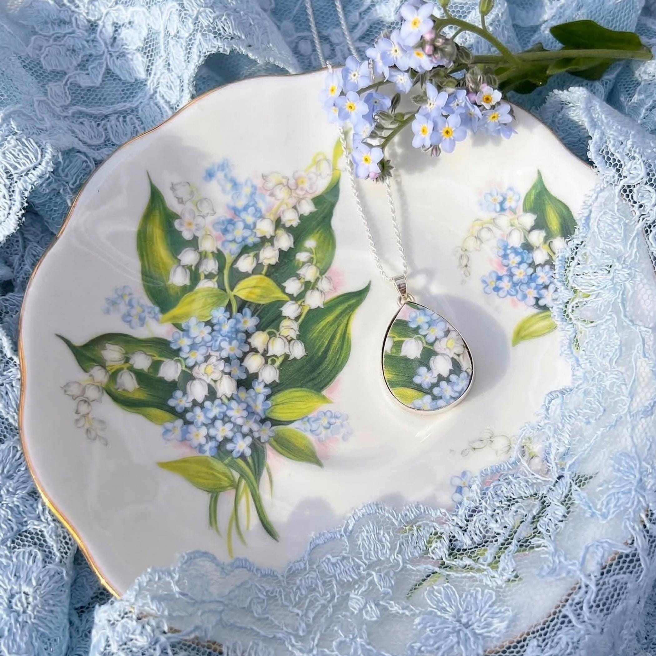Lily of the Valley Necklace with Royal Albert China, Vintage China Forget Me Not Jewelry Sentimental Mom Gift for Mothers Day May Birthday