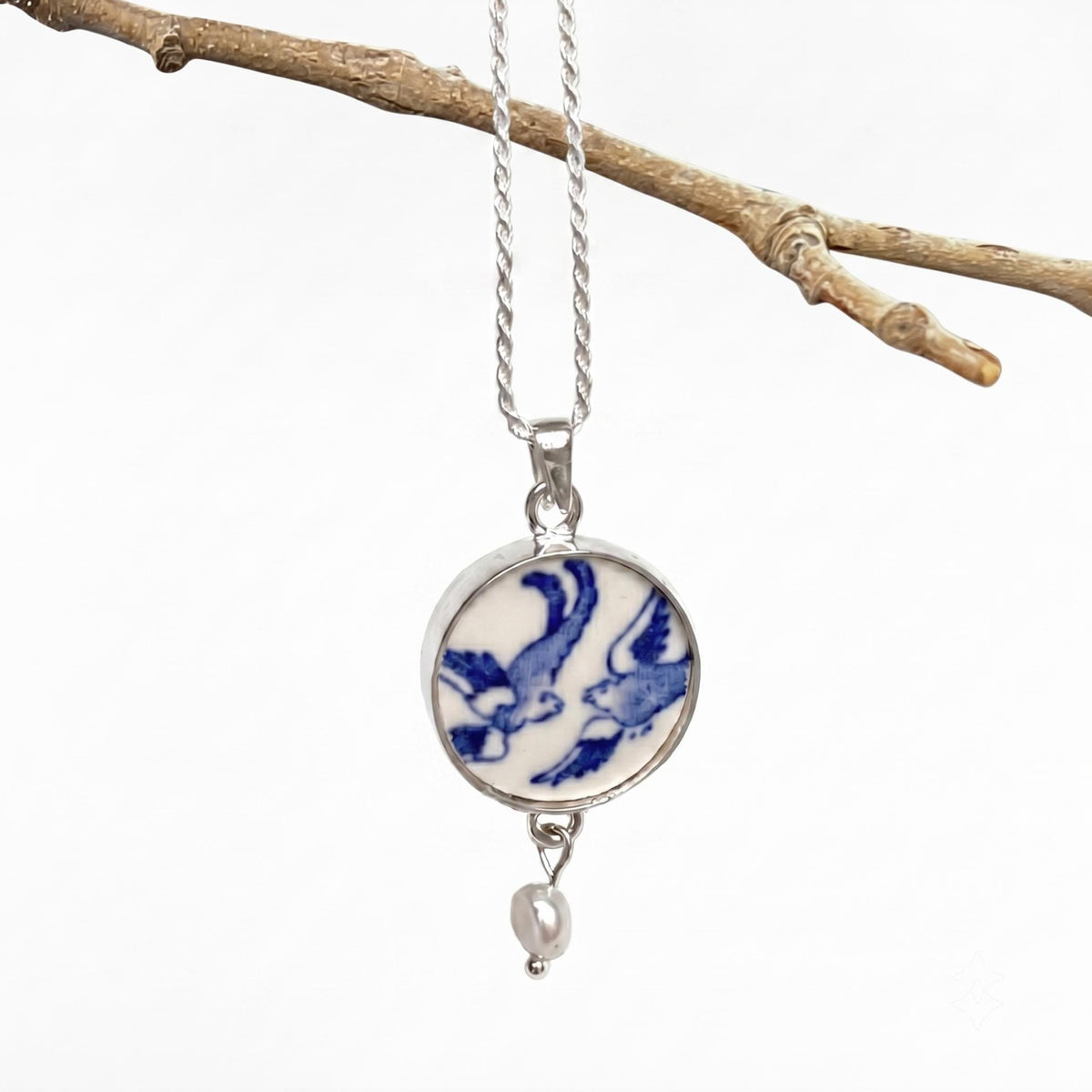 Romantic Love Birds Broken China Jewelry Necklace handmade with Vintage Blue Willow China & Sterling Silver