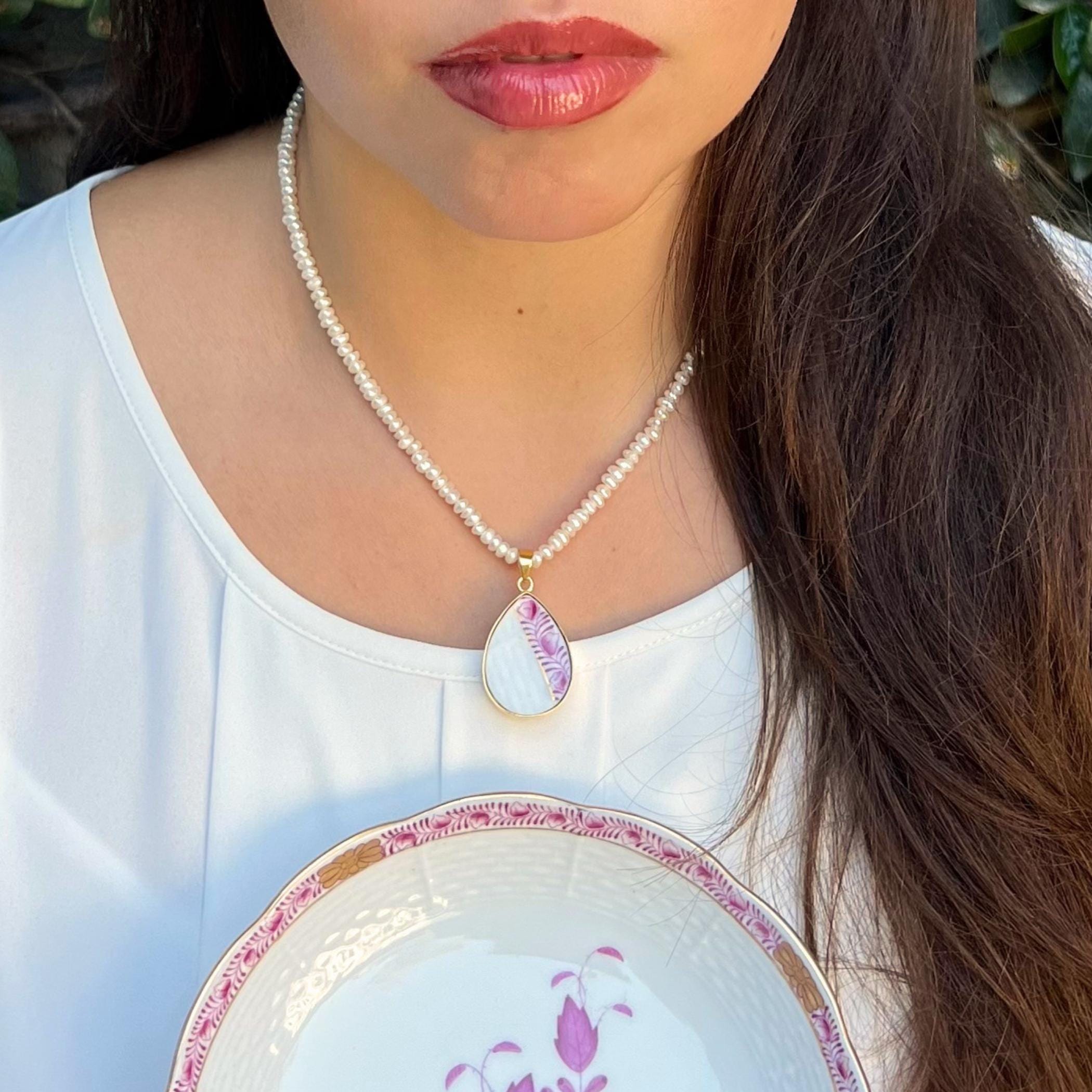 Raspberry Herend Chinese Bouquet Porcelain Necklace and Earrings, 18th Anniversary Wife Gift, Broken China Jewelry & Ring Trinket Dish