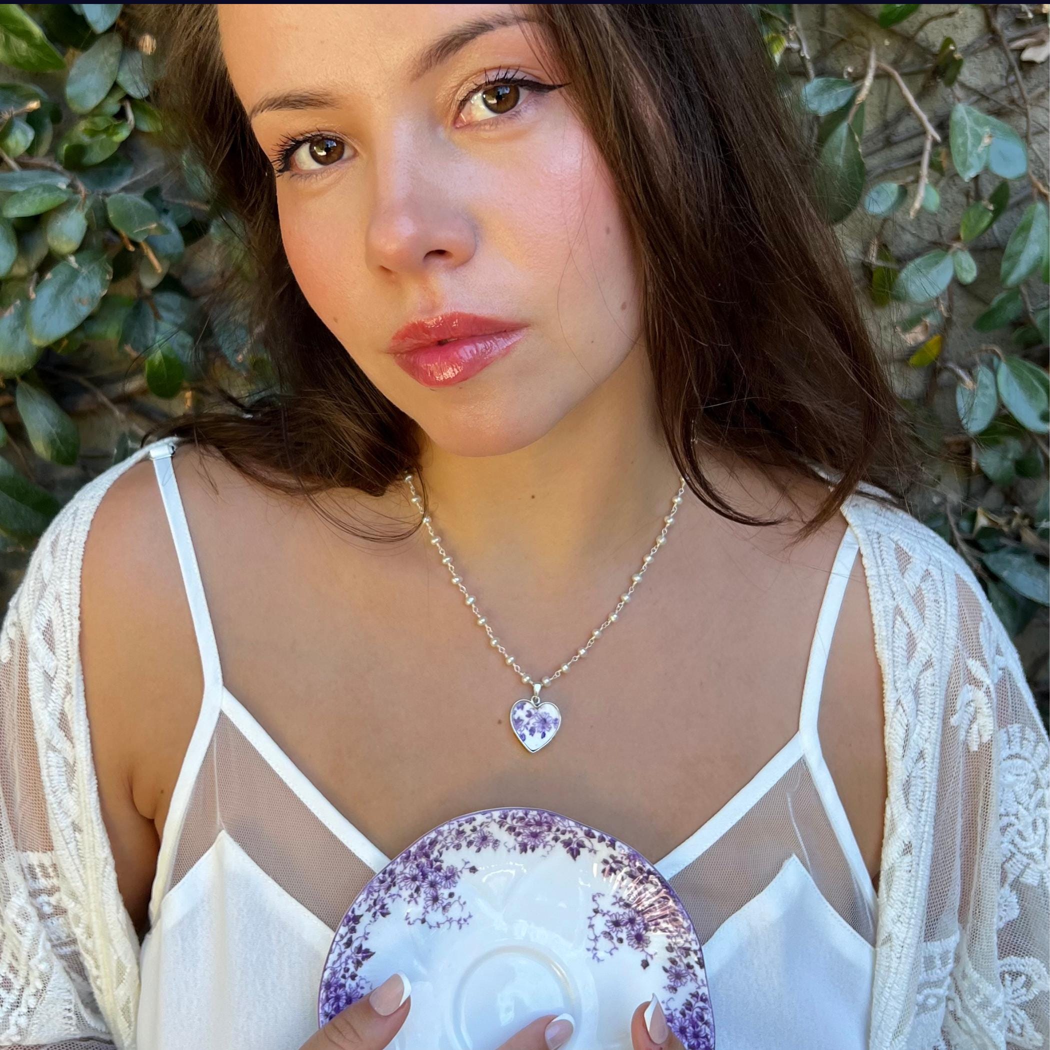 Rare Shelley Dainty Purple Flower Heart China Pendant Necklace, Unique Sterling Silver Vintage China Jewelry 18th Anniversary Gift for Women