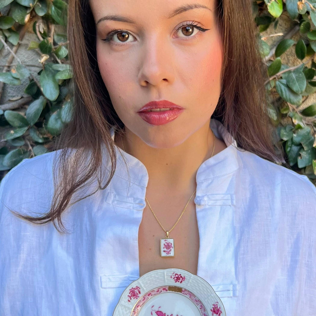 Dainty Raspberry Herend Chinese Bouquet Porcelain Necklace, 18th Anniversary Wife Gift, Broken China Jewelry & Ring Trinket Dish