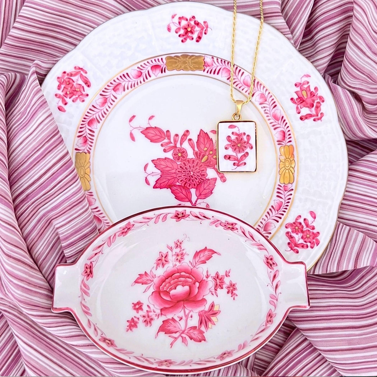Dainty Raspberry Herend Chinese Bouquet Porcelain Necklace, 18th Anniversary Wife Gift, Broken China Jewelry & Ring Trinket Dish