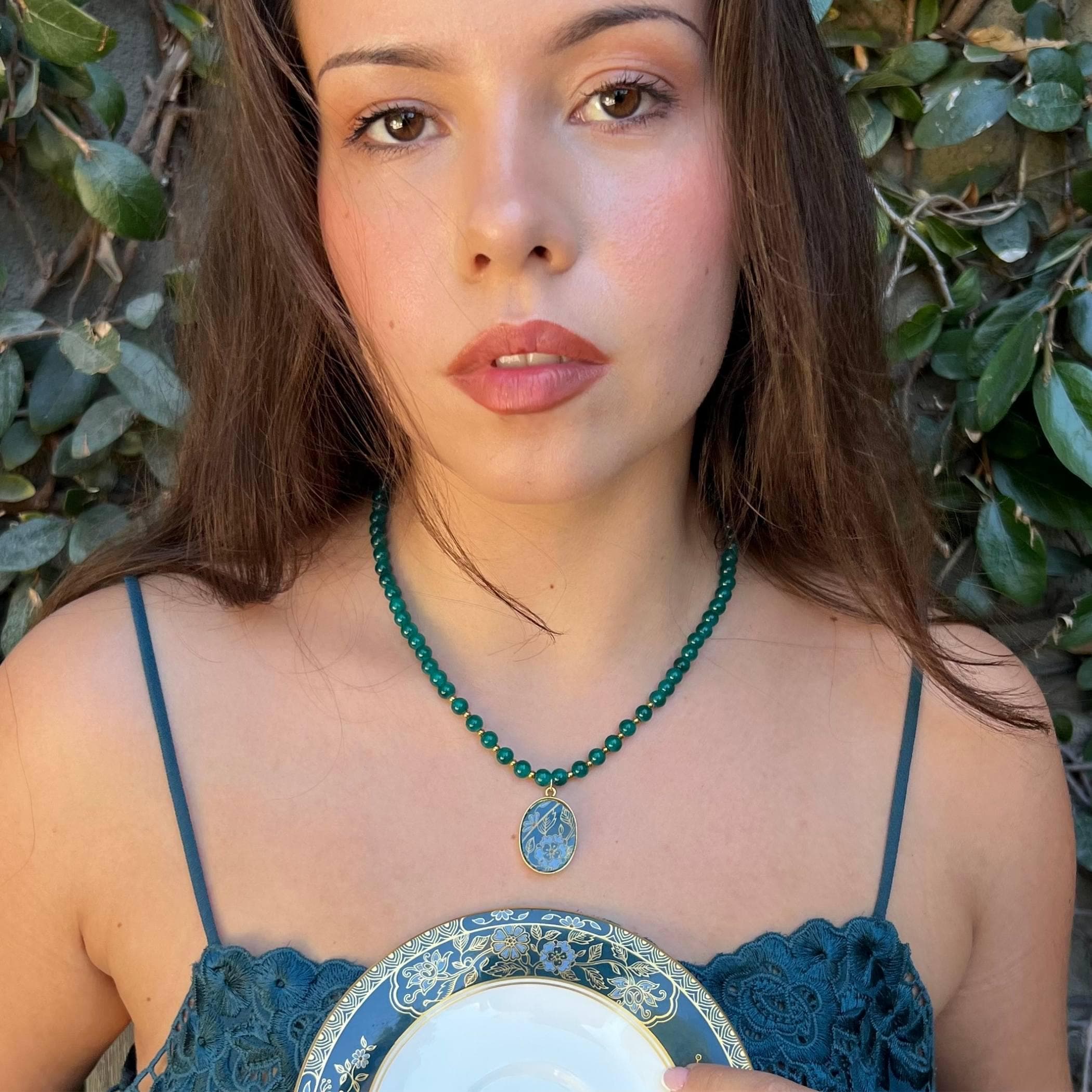 Elegant Gold and Teal Beaded Necklace with Upcycled Porcelain Pendant, Autumn Fall Statement Vintage China Jewelry Birthday Gift for Women