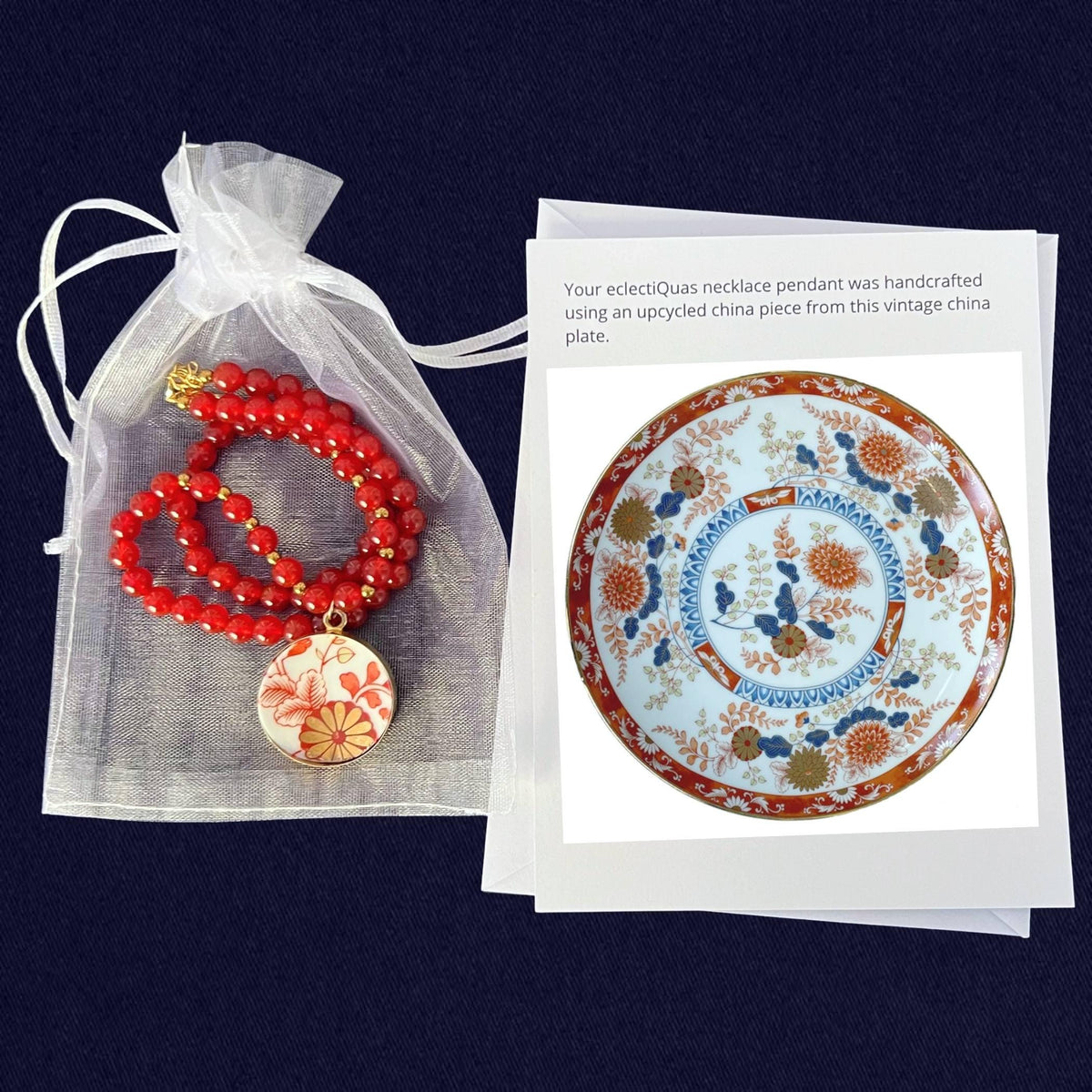 Autumn Gold Floral Porcelain Pendant with Carnelian Necklace, Bold Flower Statement Upcycled Porcelain Jewelry Fall Birthday Gift for Women